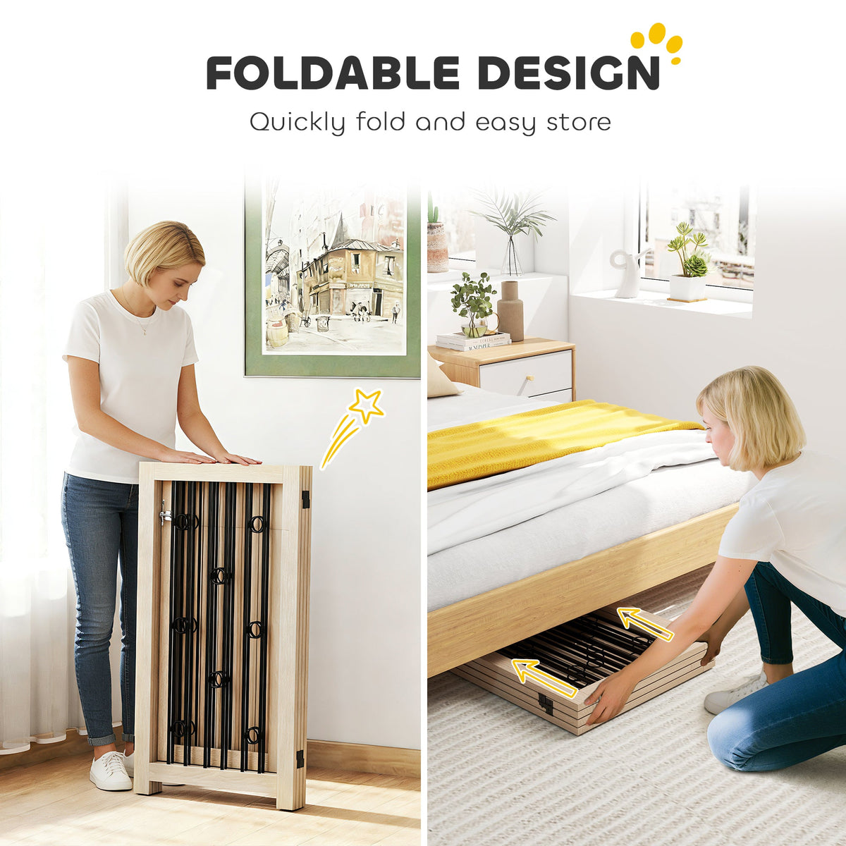 Freestanding Pet Gate, Foldable Dog Gate with Lockable Door, Metal Support Feet & 360° Flexible Hinges, 4 Panel Indoor Dog Barrier for House, Stairs, Doorway, 205 x 30.5 x 91.5 cm, Oak
