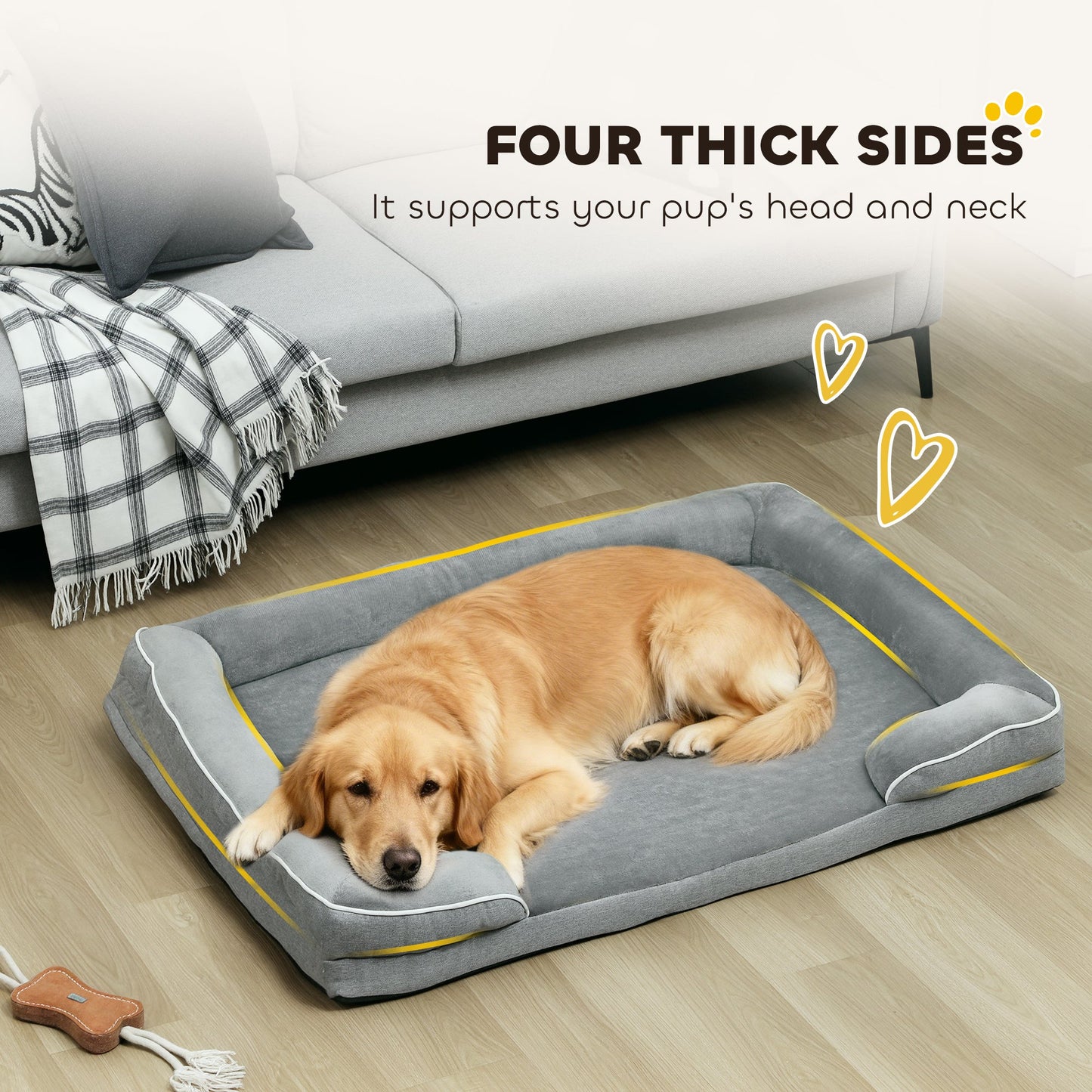 Memory Foam Dog Bed Sofa, Washable Orthopedic Dog Bed Couch with Removable Flannel Cover, 3-Sided Pet Pillow with U-Shape Bolster, Non-Slip Bottom, Grey, 112 x 80 x 16.5 cm