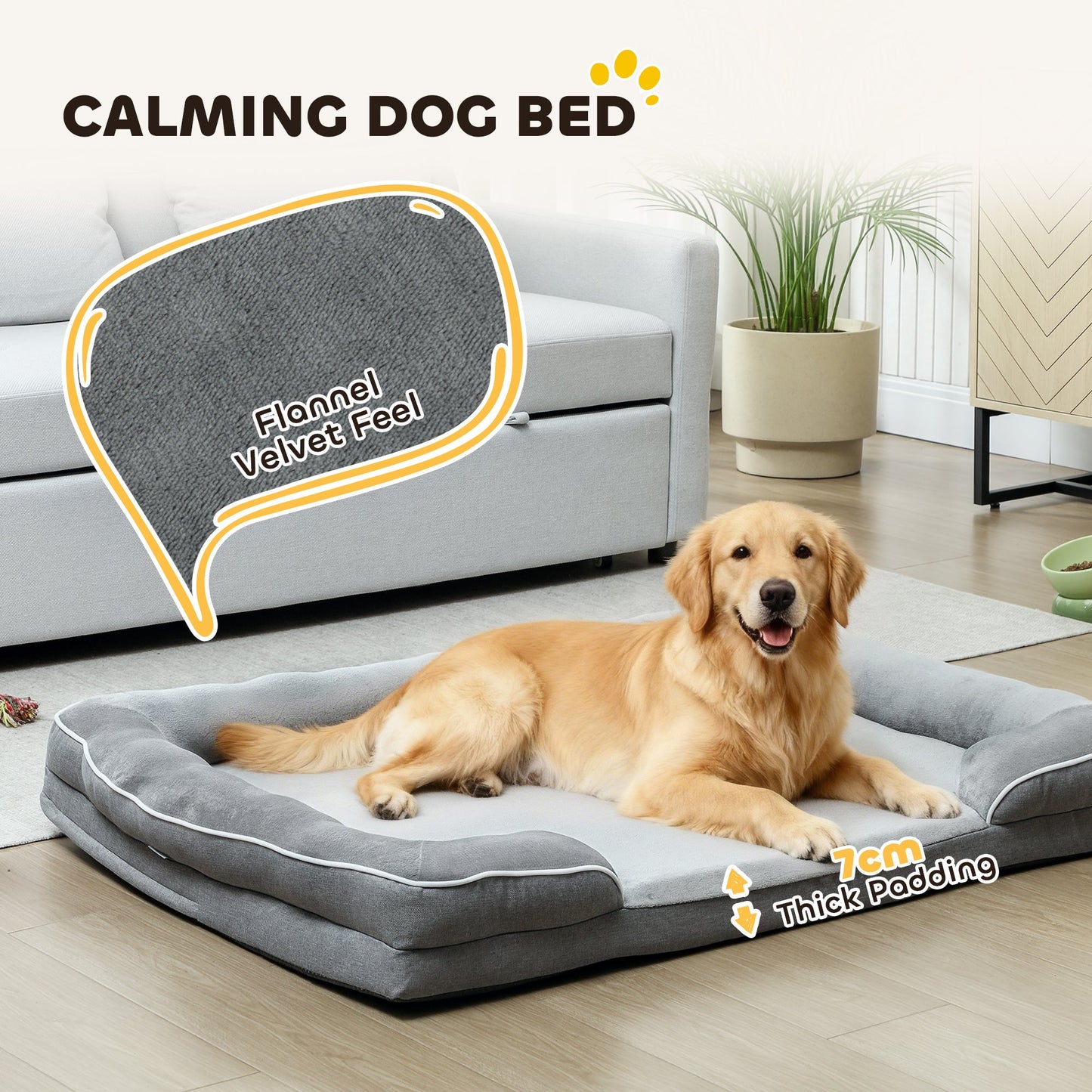 Memory Foam Dog Bed Sofa, Washable Orthopedic Dog Bed Couch with Removable Flannel Cover, 3-Sided Pet Pillow with U-Shape Bolster, Non-Slip Bottom, Grey, 112 x 80 x 16.5 cm