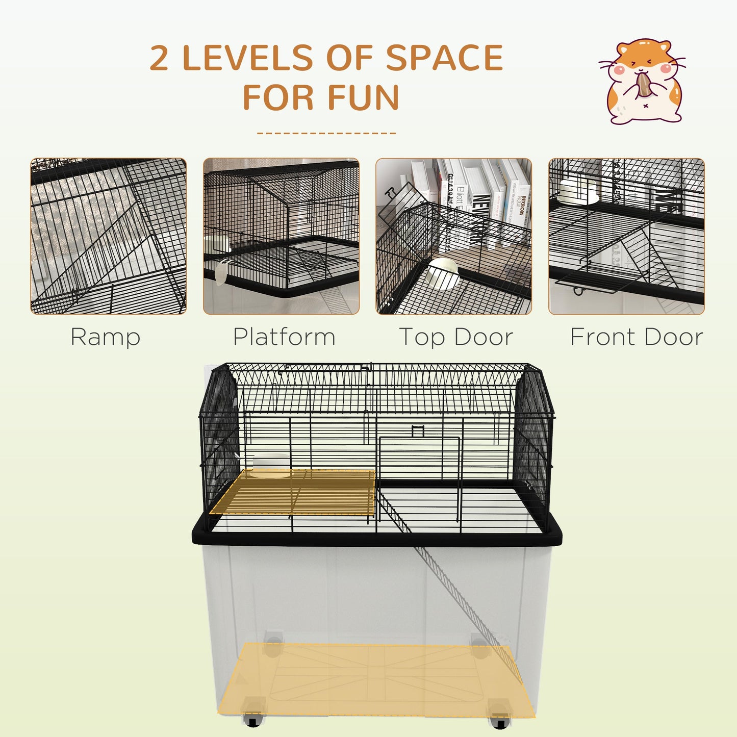 Hamster Cage, Gerbil Cage 2 Tier with Wheels, Deep Bottom, Ramp, Food Dish, Water Bottle, for Dwarf, Syrian, 57 x 43 x 57cm - Black