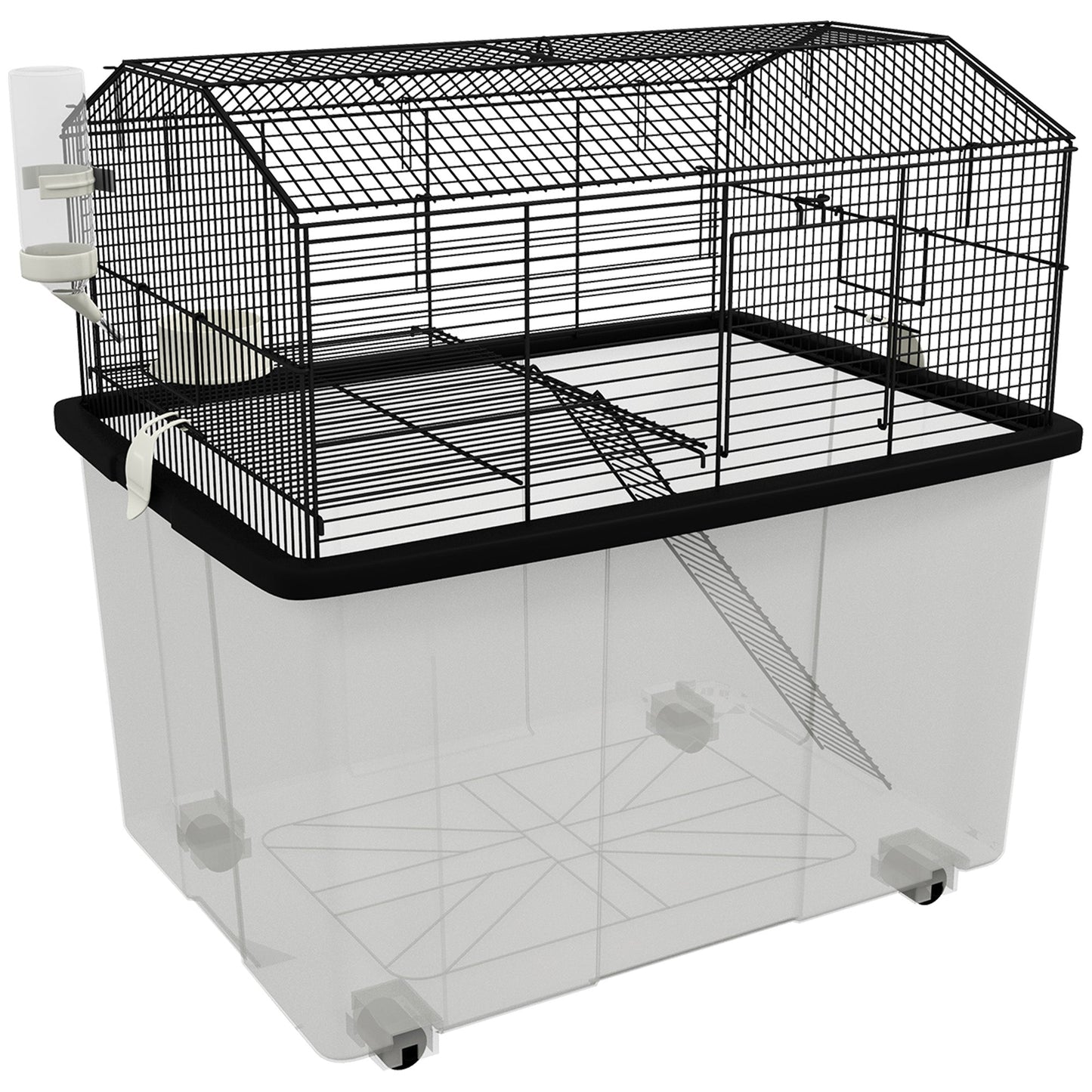 Hamster Cage, Gerbil Cage 2 Tier with Wheels, Deep Bottom, Ramp, Food Dish, Water Bottle, for Dwarf, Syrian, 57 x 43 x 57cm - Black