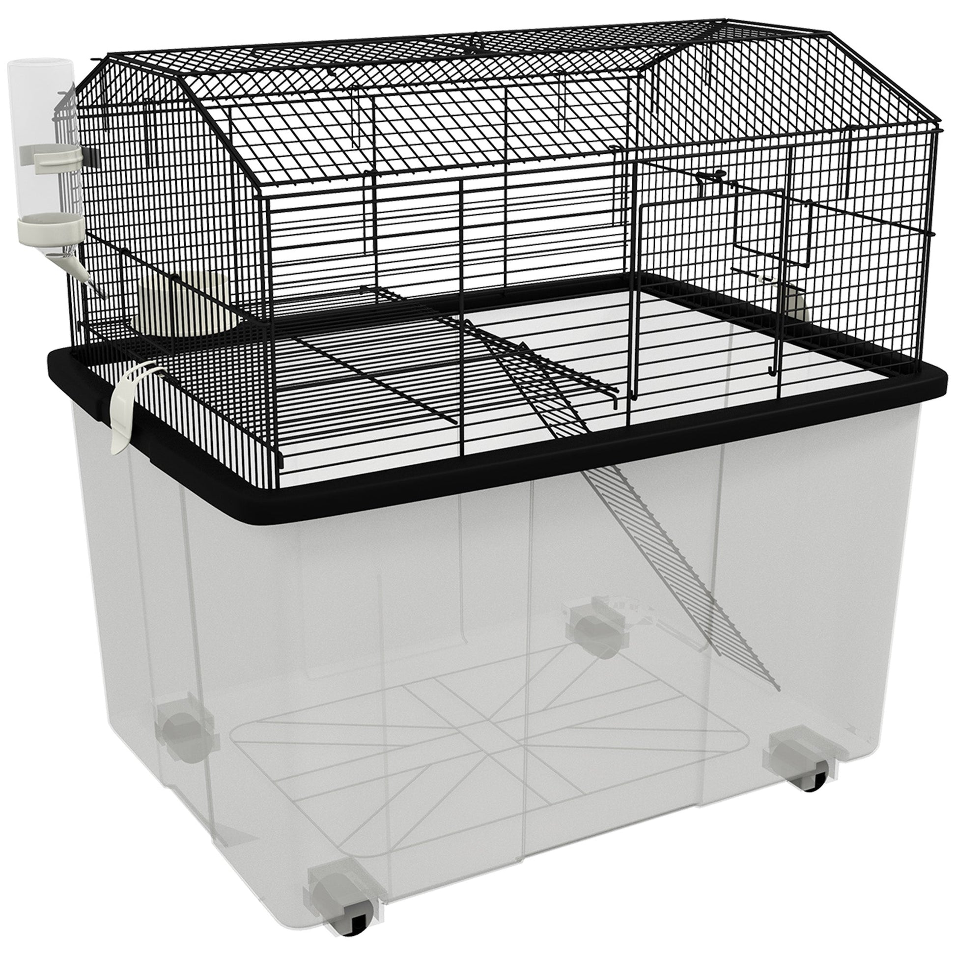 Hamster Cage, Gerbil Cage 2 Tier with Wheels, Deep Bottom, Ramp, Food Dish, Water Bottle, for Dwarf, Syrian, 57 x 43 x 57cm - Black