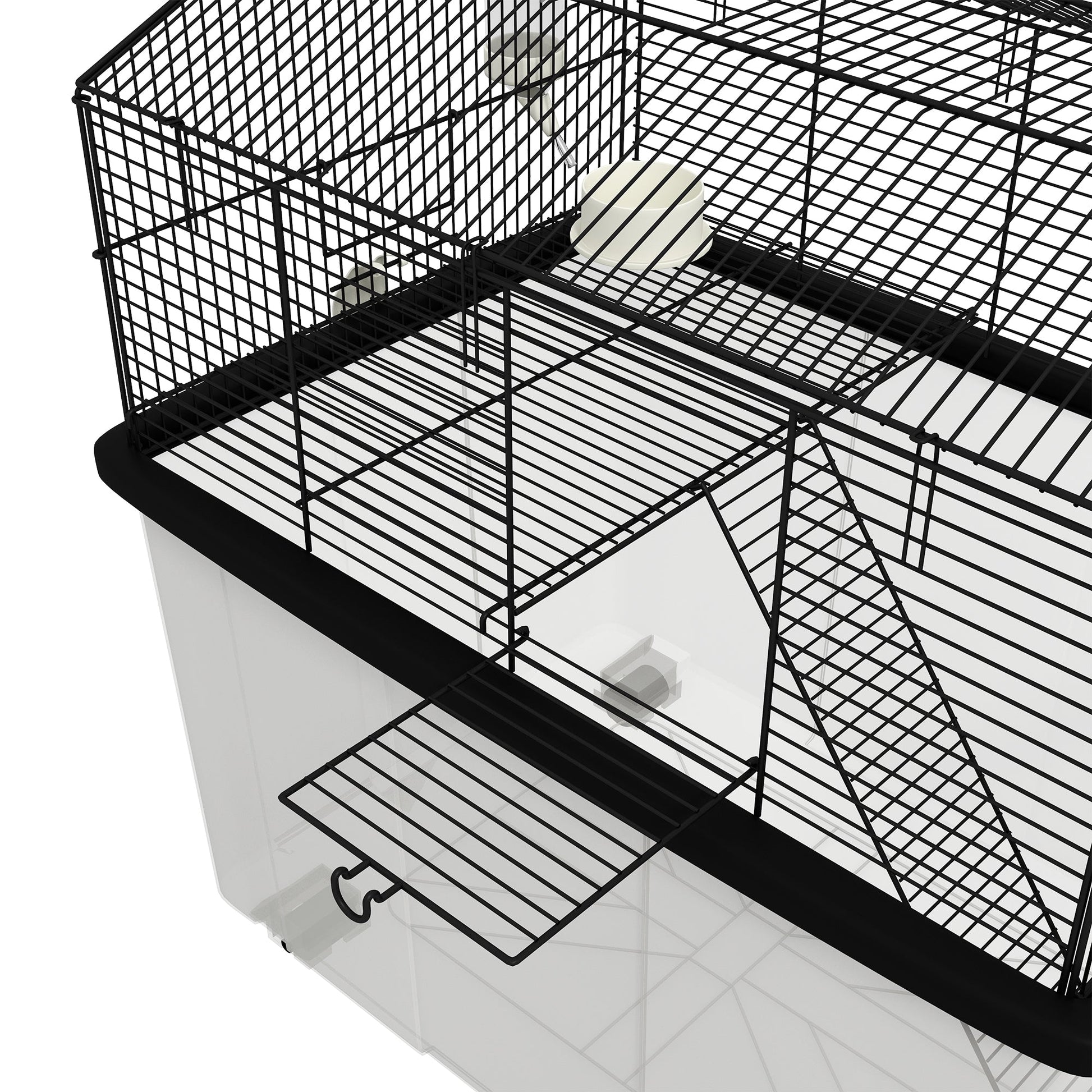 Hamster Cage, Gerbil Cage 2 Tier with Wheels, Deep Bottom, Ramp, Food Dish, Water Bottle, for Dwarf, Syrian, 57 x 43 x 57cm - Black