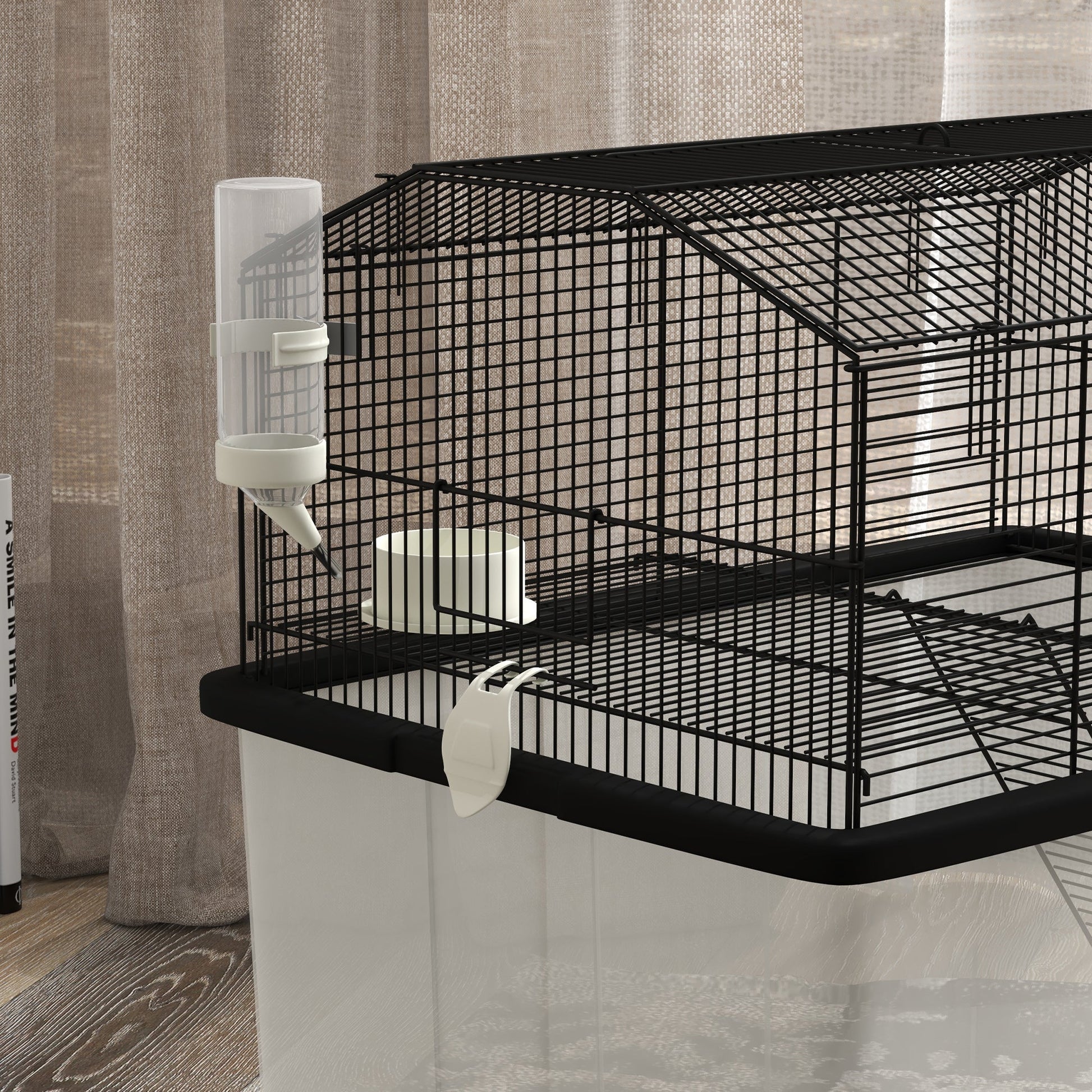 Hamster Cage, Gerbil Cage 2 Tier with Wheels, Deep Bottom, Ramp, Food Dish, Water Bottle, for Dwarf, Syrian, 57 x 43 x 57cm - Black