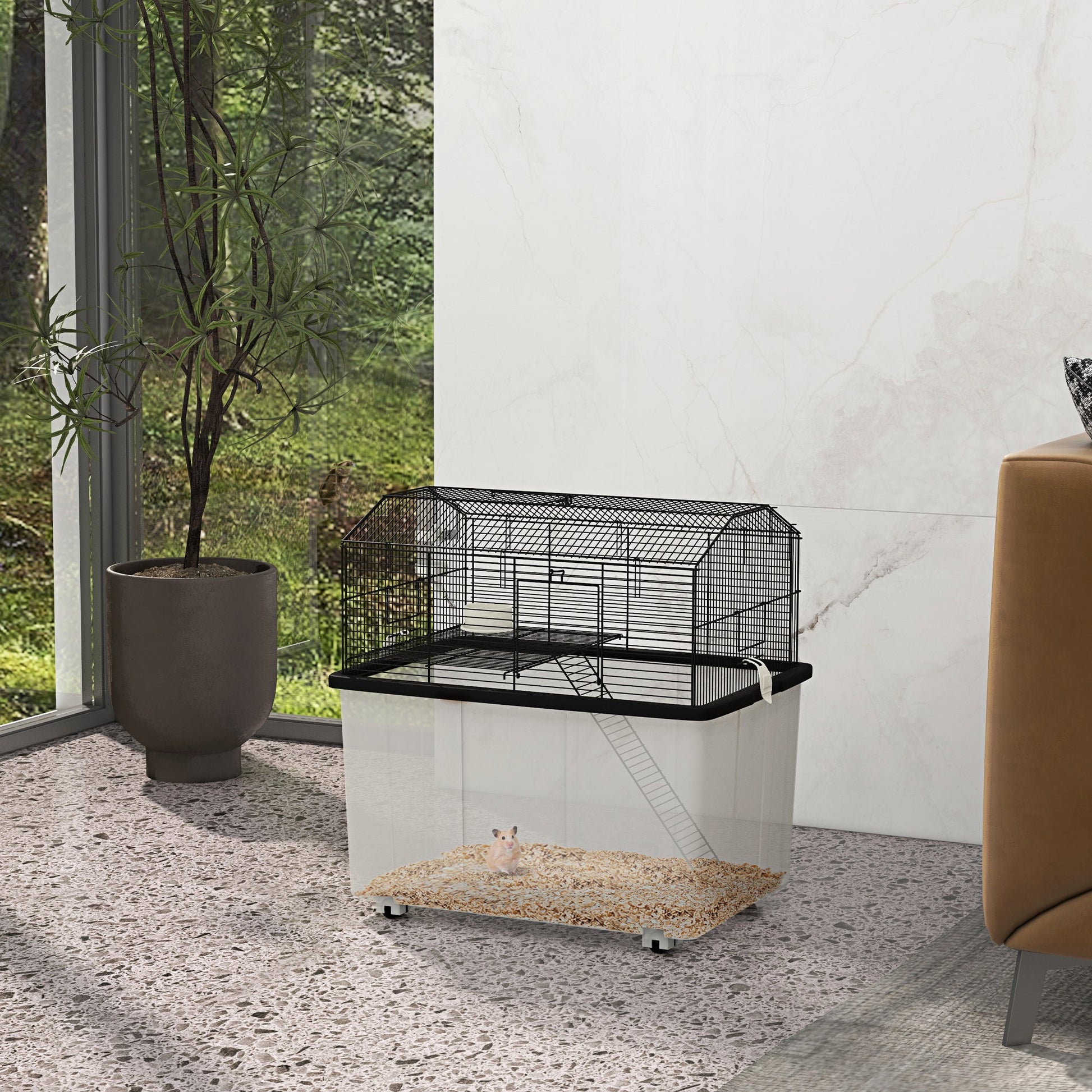 Hamster Cage, Gerbil Cage 2 Tier with Wheels, Deep Bottom, Ramp, Food Dish, Water Bottle, for Dwarf, Syrian, 57 x 43 x 57cm - Black