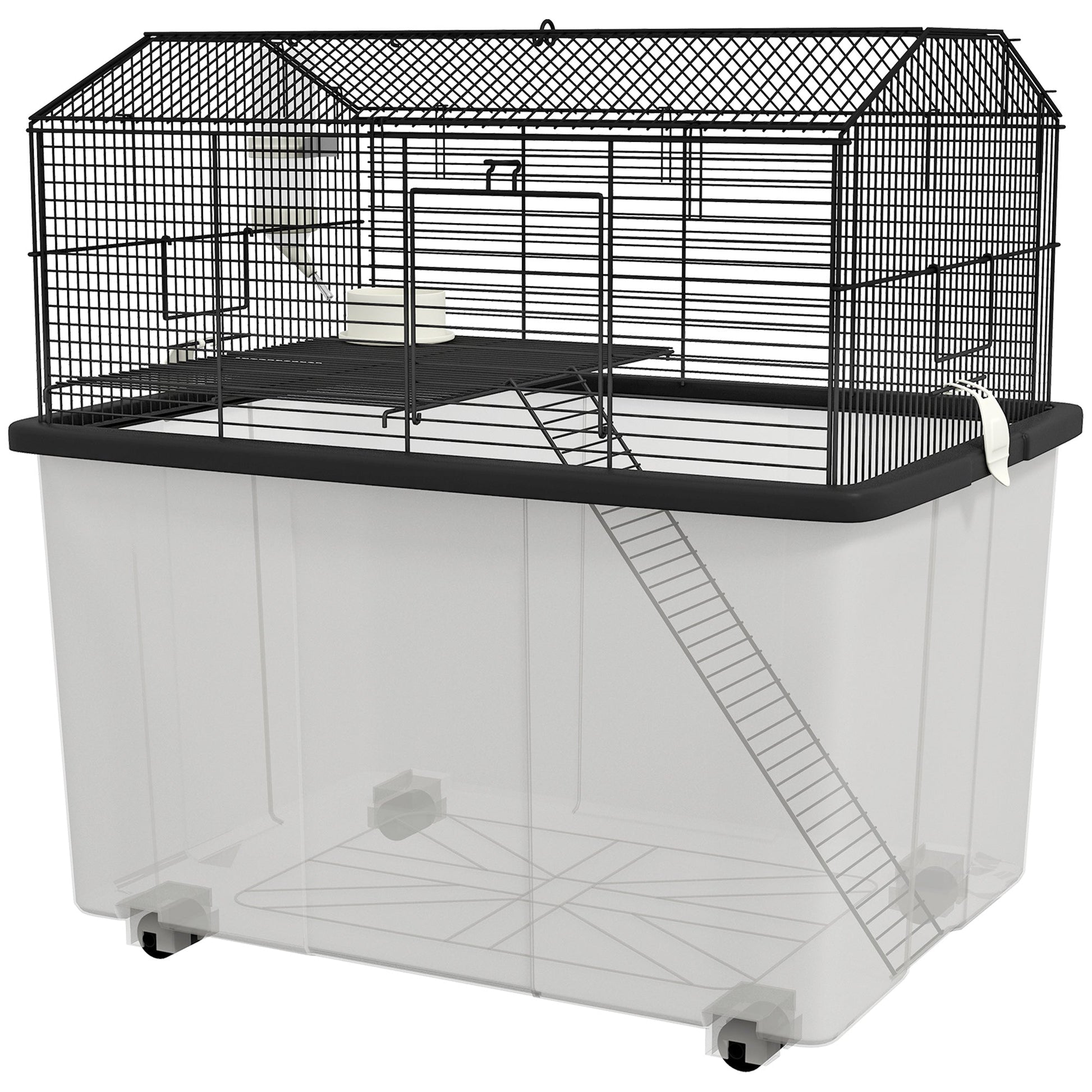 Hamster Cage, Gerbil Cage 2 Tier with Wheels, Deep Bottom, Ramp, Food Dish, Water Bottle, for Dwarf, Syrian, 57 x 43 x 57cm - Black