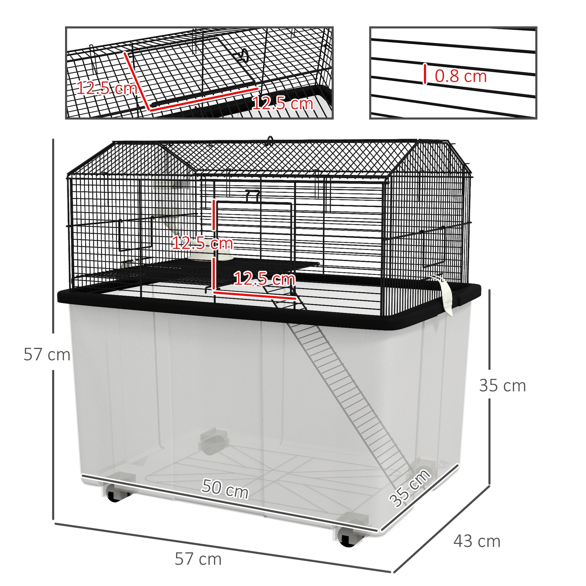 Hamster Cage, Gerbil Cage 2 Tier with Wheels, Deep Bottom, Ramp, Food Dish, Water Bottle, for Dwarf, Syrian, 57 x 43 x 57cm - Black