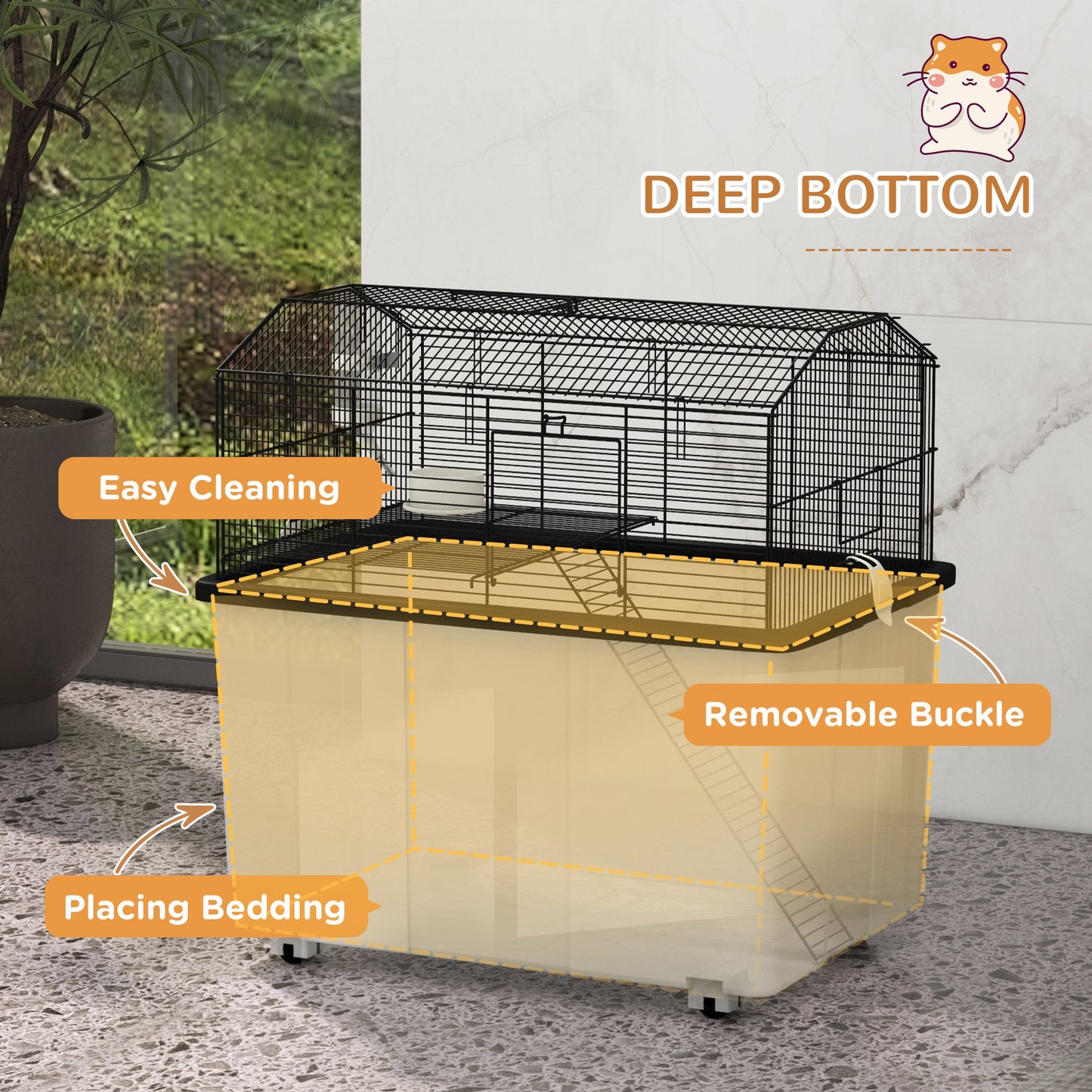 Hamster Cage, Gerbil Cage 2 Tier with Wheels, Deep Bottom, Ramp, Food Dish, Water Bottle, for Dwarf, Syrian, 57 x 43 x 57cm - Black
