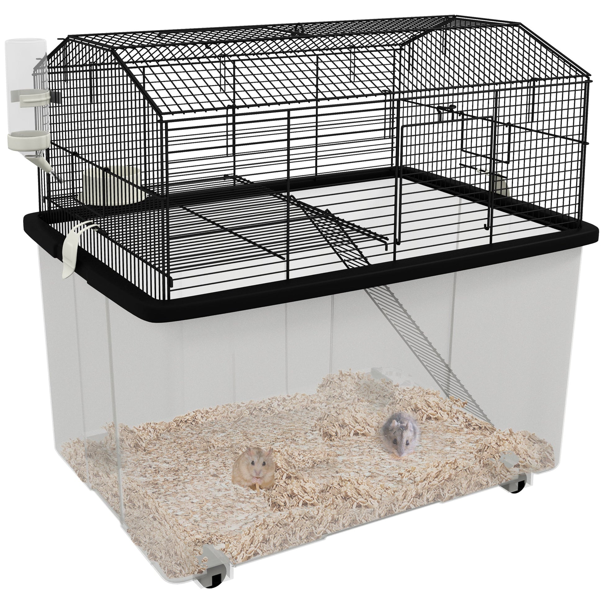 Hamster Cage, Gerbil Cage 2 Tier with Wheels, Deep Bottom, Ramp, Food Dish, Water Bottle, for Dwarf, Syrian, 57 x 43 x 57cm - Black