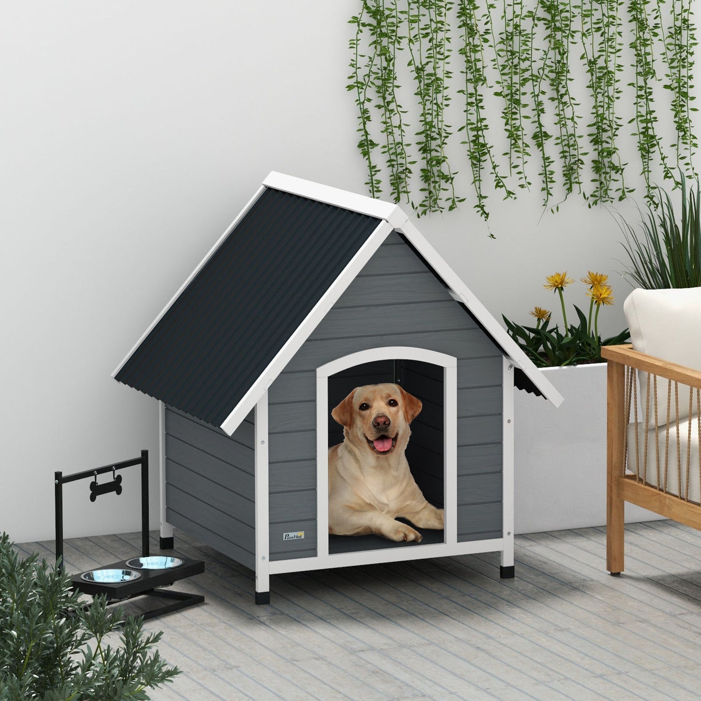 Dog Kennel Outdoor Wooden Dog House with Removable Floor, Elevated Pet Shelter, Anti-Corrosion Wood, for Large Dogs, 106.5H x 110W x 98Dcm - Grey