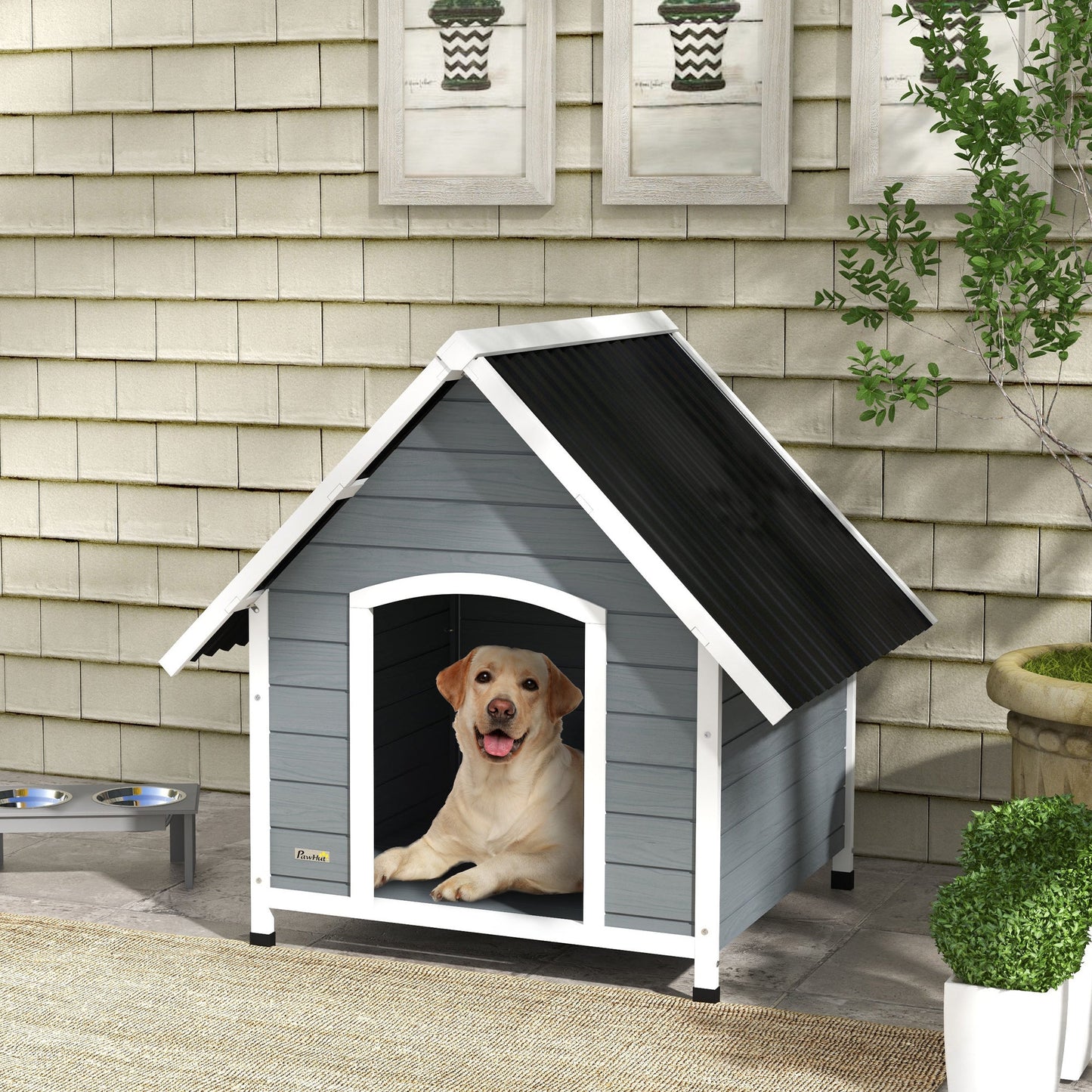 Dog Kennel Outdoor Wooden Dog House with Removable Floor, Elevated Pet Shelter, Anti-Corrosion Wood, for Large Dogs, 106.5H x 110W x 98Dcm - Grey