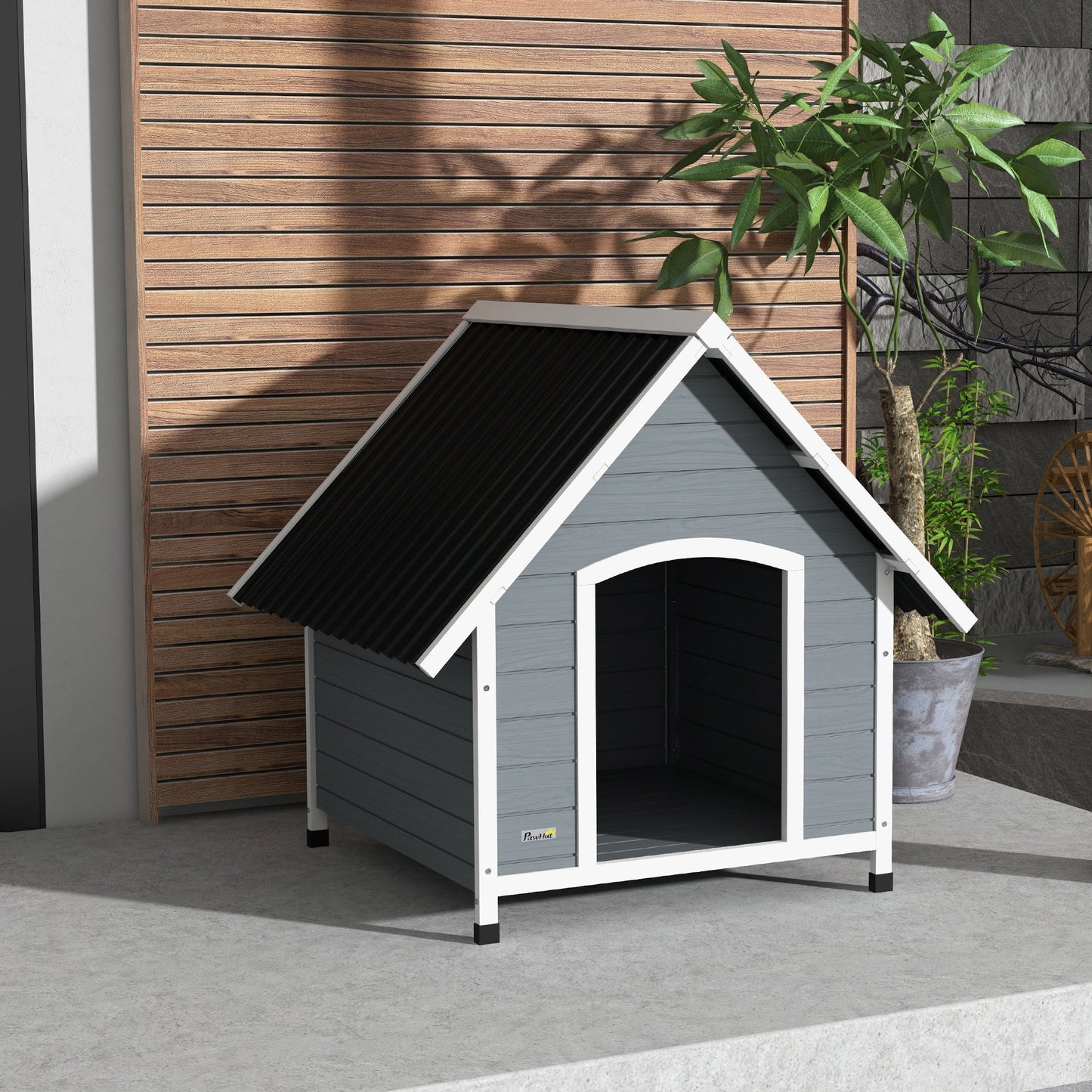 Dog Kennel Outdoor Wooden Dog House with Removable Floor, Elevated Pet Shelter, Anti-Corrosion Wood, for Large Dogs, 106.5H x 110W x 98Dcm - Grey