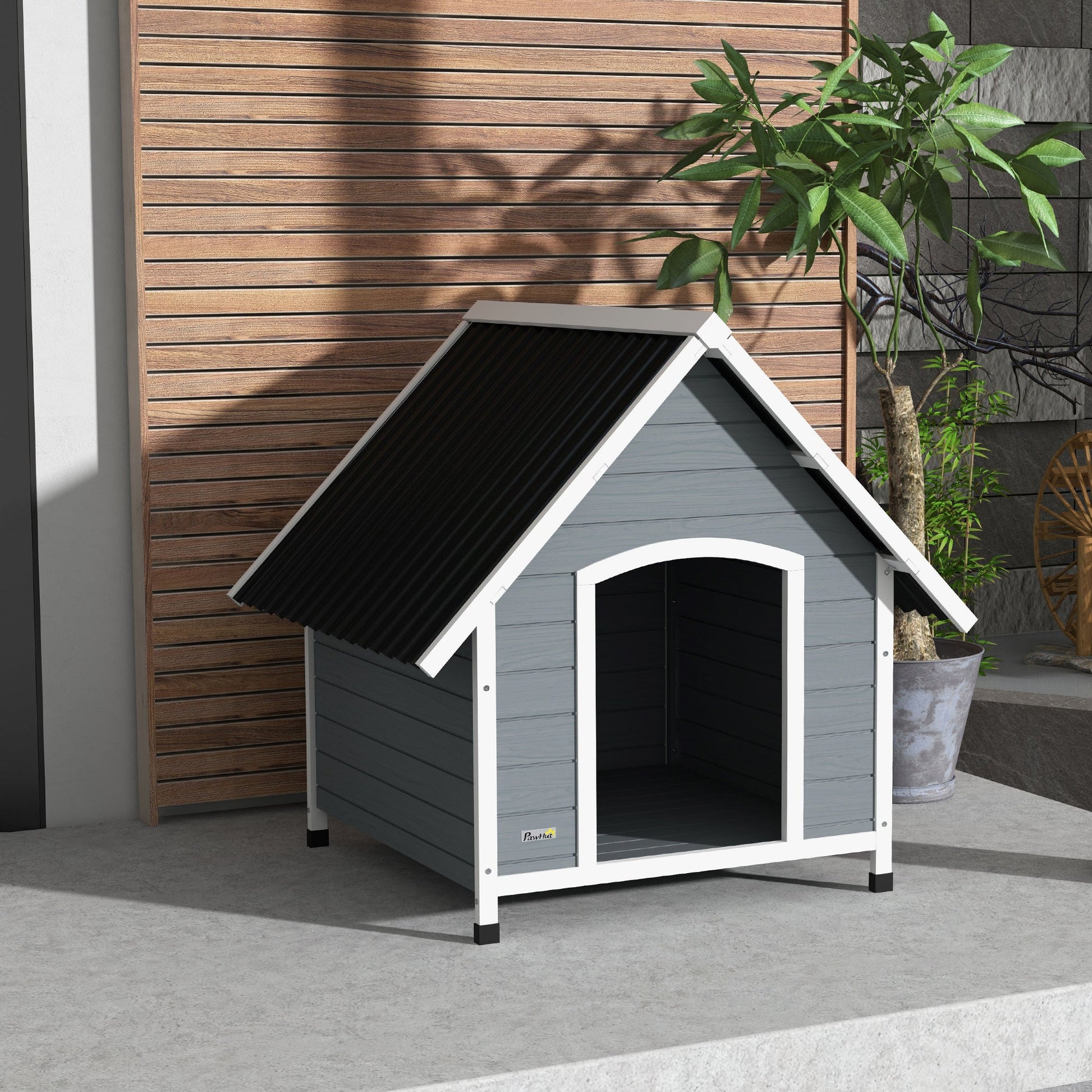 Dog Kennel Outdoor Wooden Dog House with Removable Floor, Elevated Pet Shelter, Anti-Corrosion Wood, for Large Dogs, 106.5H x 110W x 98Dcm - Grey