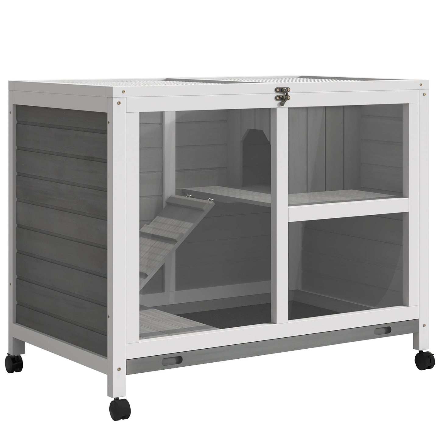 Rabbit Hutch Indoor Wooden Guinea Pig House Hamster Cage with Wheels, 2 Layers Bunny Cage with Openable Roof, 91.5 x 53.3 x 73 cm, Grey