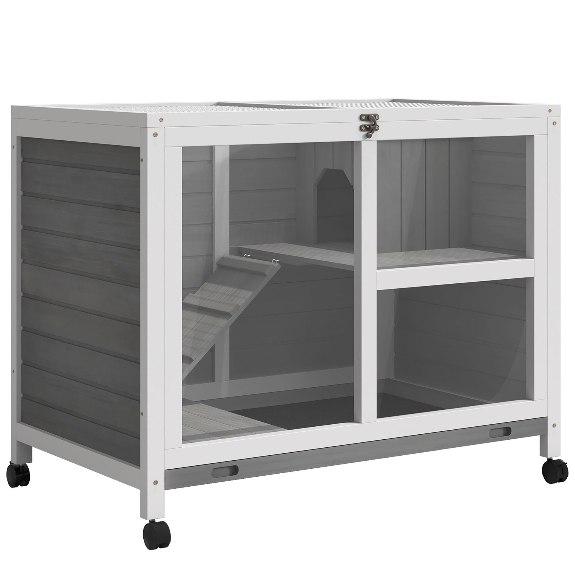 Rabbit Hutch Indoor Wooden Guinea Pig House Hamster Cage with Wheels, 2 Layers Bunny Cage with Openable Roof, 91.5 x 53.3 x 73 cm, Grey