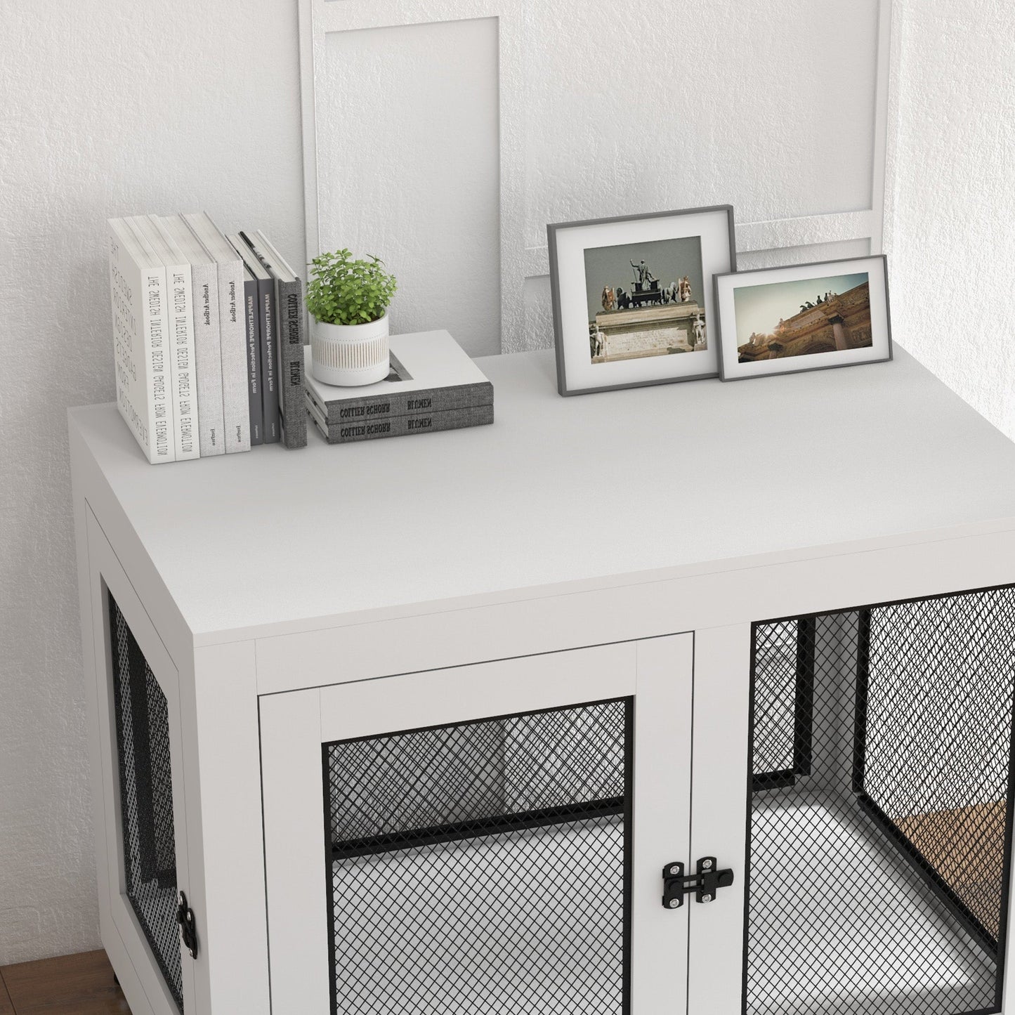 Dog Crate Furniture End Table w/ Soft Washable Cushion, Two Doors, Indoor Pet Kennel for Small Medium Large Dogs w/ Wire Mesh, White