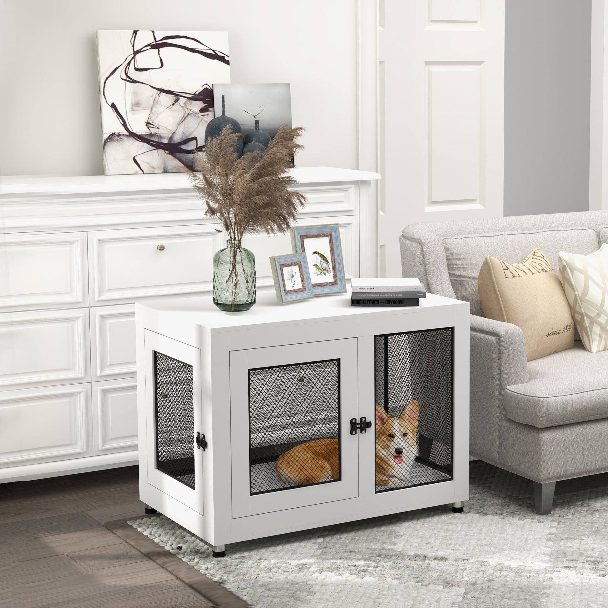 Dog Crate Furniture End Table w/ Soft Washable Cushion, Two Doors, Indoor Pet Kennel for Small Medium Large Dogs w/ Wire Mesh, White