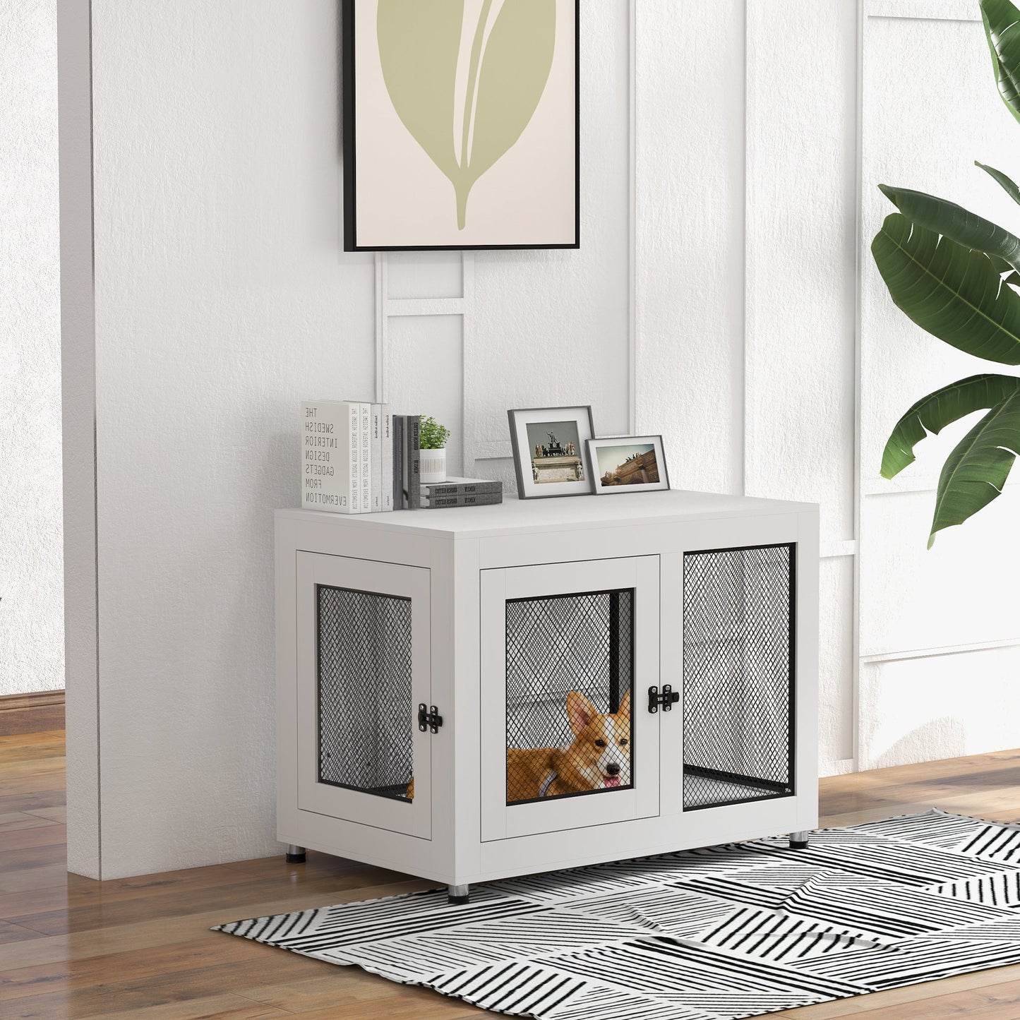 Dog Crate Furniture End Table w/ Soft Washable Cushion, Two Doors, Indoor Pet Kennel for Small Medium Large Dogs w/ Wire Mesh, White