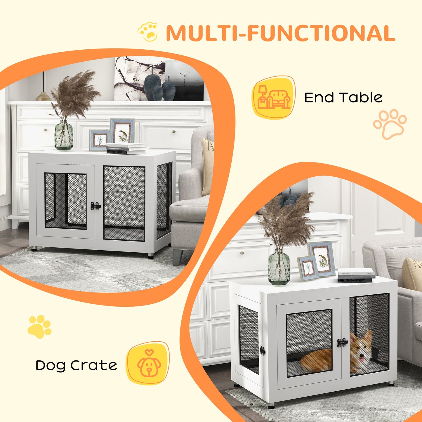 Dog Crate Furniture End Table w/ Soft Washable Cushion, Two Doors, Indoor Pet Kennel for Small Medium Large Dogs w/ Wire Mesh, White