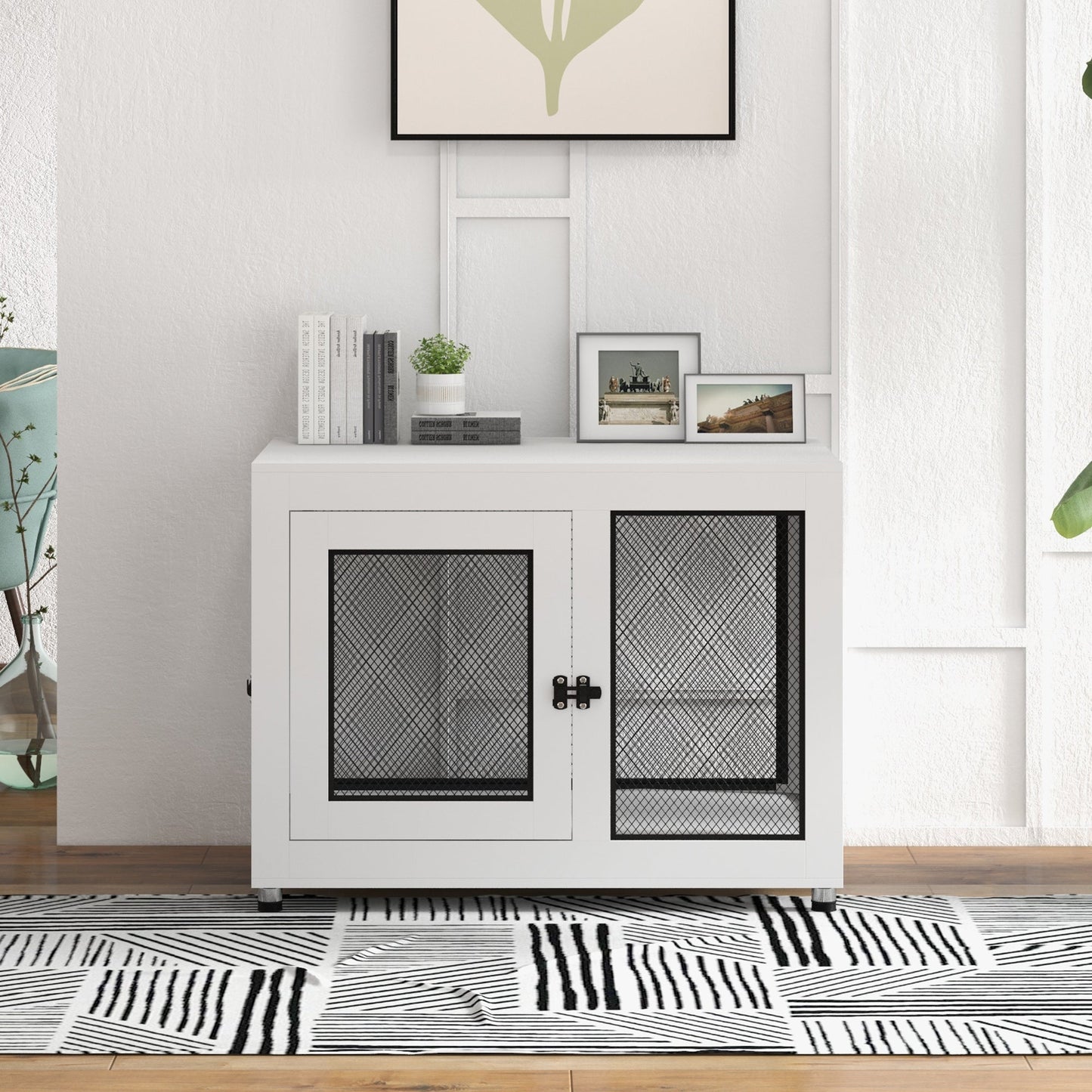 Dog Crate Furniture End Table w/ Soft Washable Cushion, Two Doors, Indoor Pet Kennel for Small Medium Large Dogs w/ Wire Mesh, White