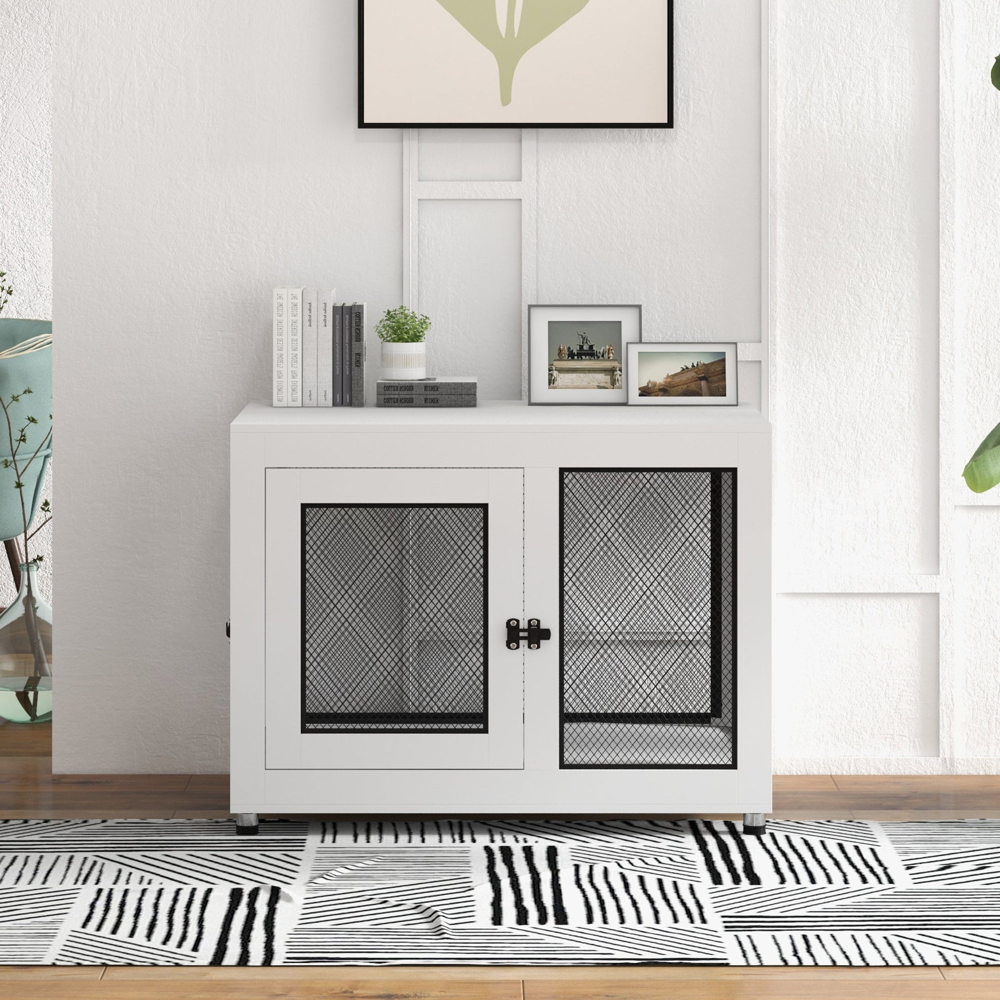 Dog Crate Furniture End Table w/ Soft Washable Cushion, Two Doors, Indoor Pet Kennel for Small Medium Large Dogs w/ Wire Mesh, White