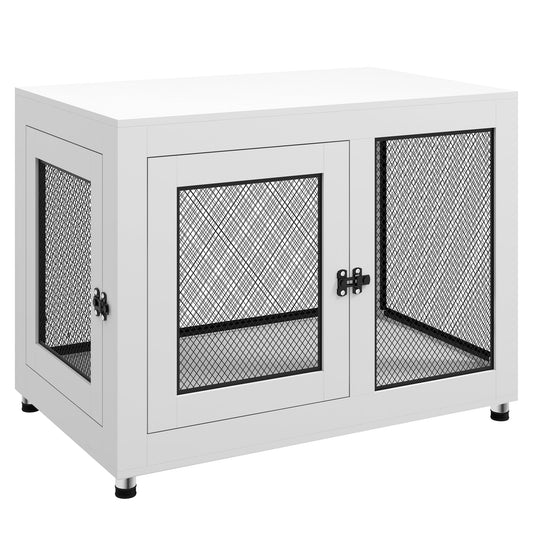 Dog Crate Furniture End Table w/ Soft Washable Cushion, Two Doors, Indoor Pet Kennel for Small Medium Large Dogs w/ Wire Mesh, White