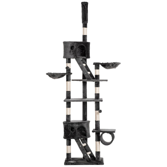 Floor to Ceiling Cat Tree, 240-260cm Adjustable Height Kitten Tower with Scratching Posts, Cat Houses, Ramps, Hammocks, Toy Balls, Tunnel for Indoor Use - Dark Grey