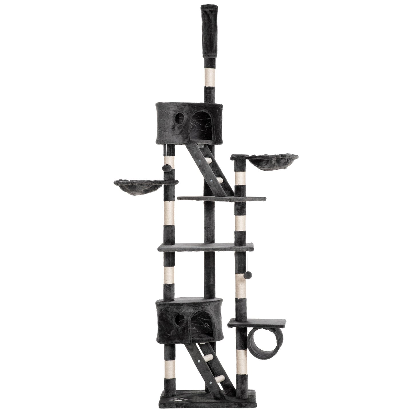 Floor to Ceiling Cat Tree, 240-260cm Adjustable Height Kitten Tower with Scratching Posts, Cat Houses, Ramps, Hammocks, Toy Balls, Tunnel for Indoor Use - Dark Grey
