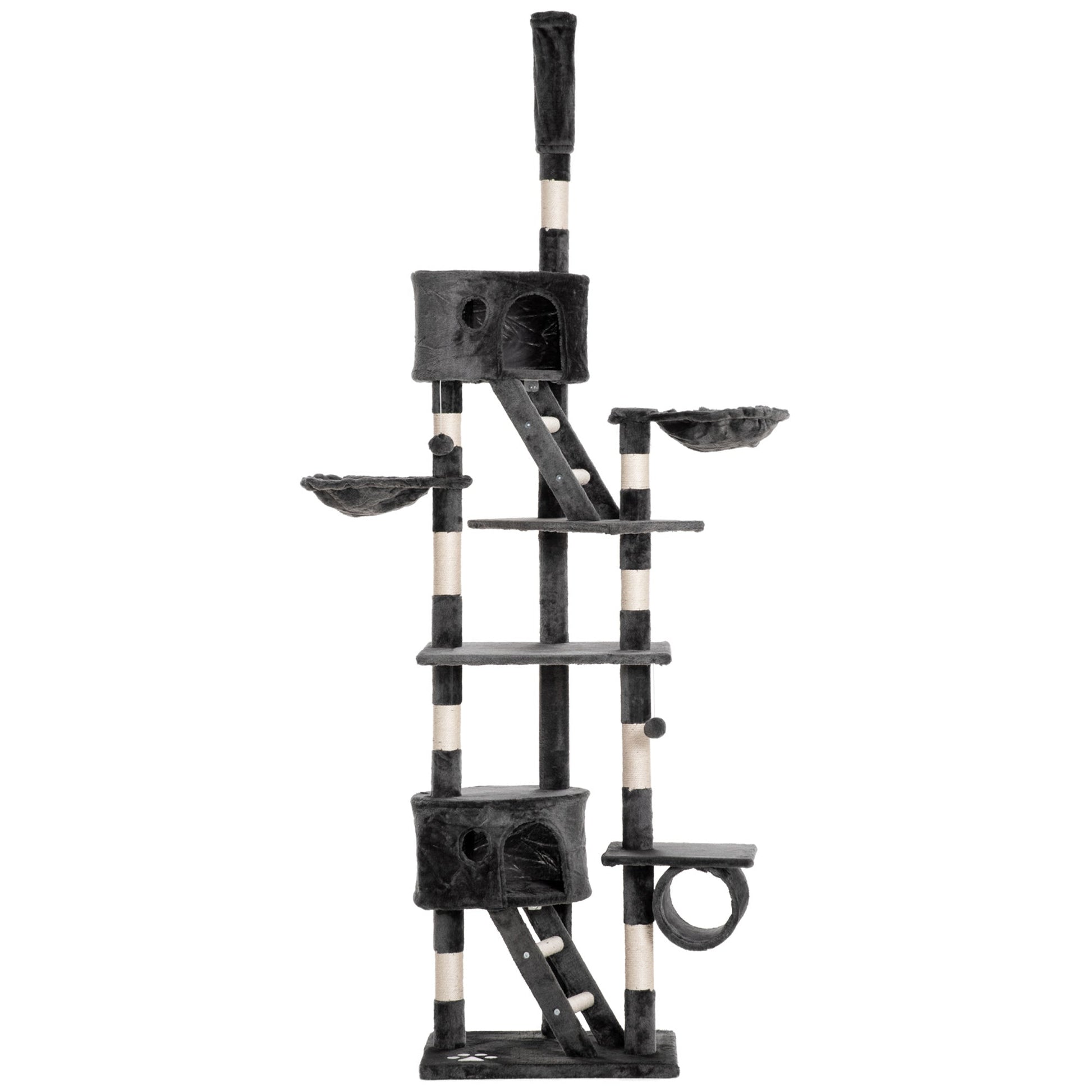 Floor to Ceiling Cat Tree, 240-260cm Adjustable Height Kitten Tower with Scratching Posts, Cat Houses, Ramps, Hammocks, Toy Balls, Tunnel for Indoor Use - Dark Grey