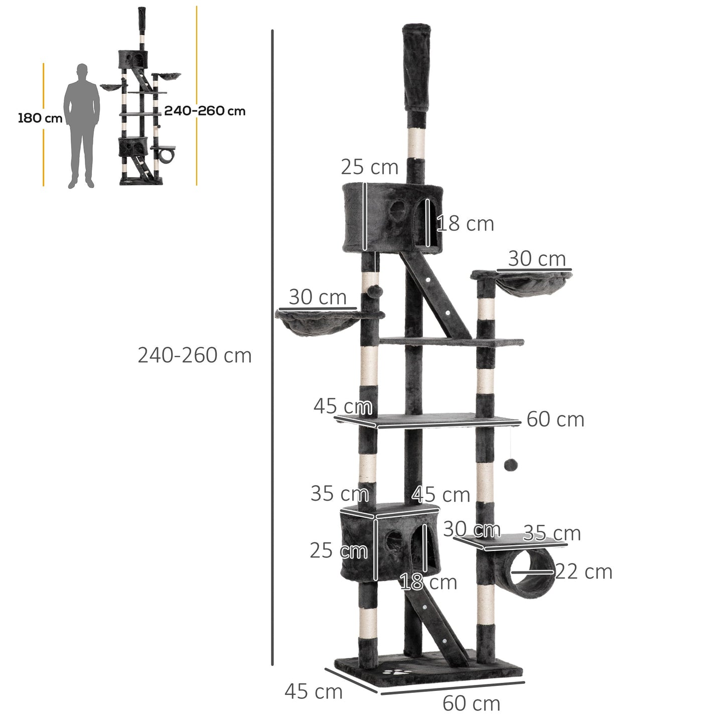 Floor to Ceiling Cat Tree, 240-260cm Adjustable Height Kitten Tower with Scratching Posts, Cat Houses, Ramps, Hammocks, Toy Balls, Tunnel for Indoor Use - Dark Grey