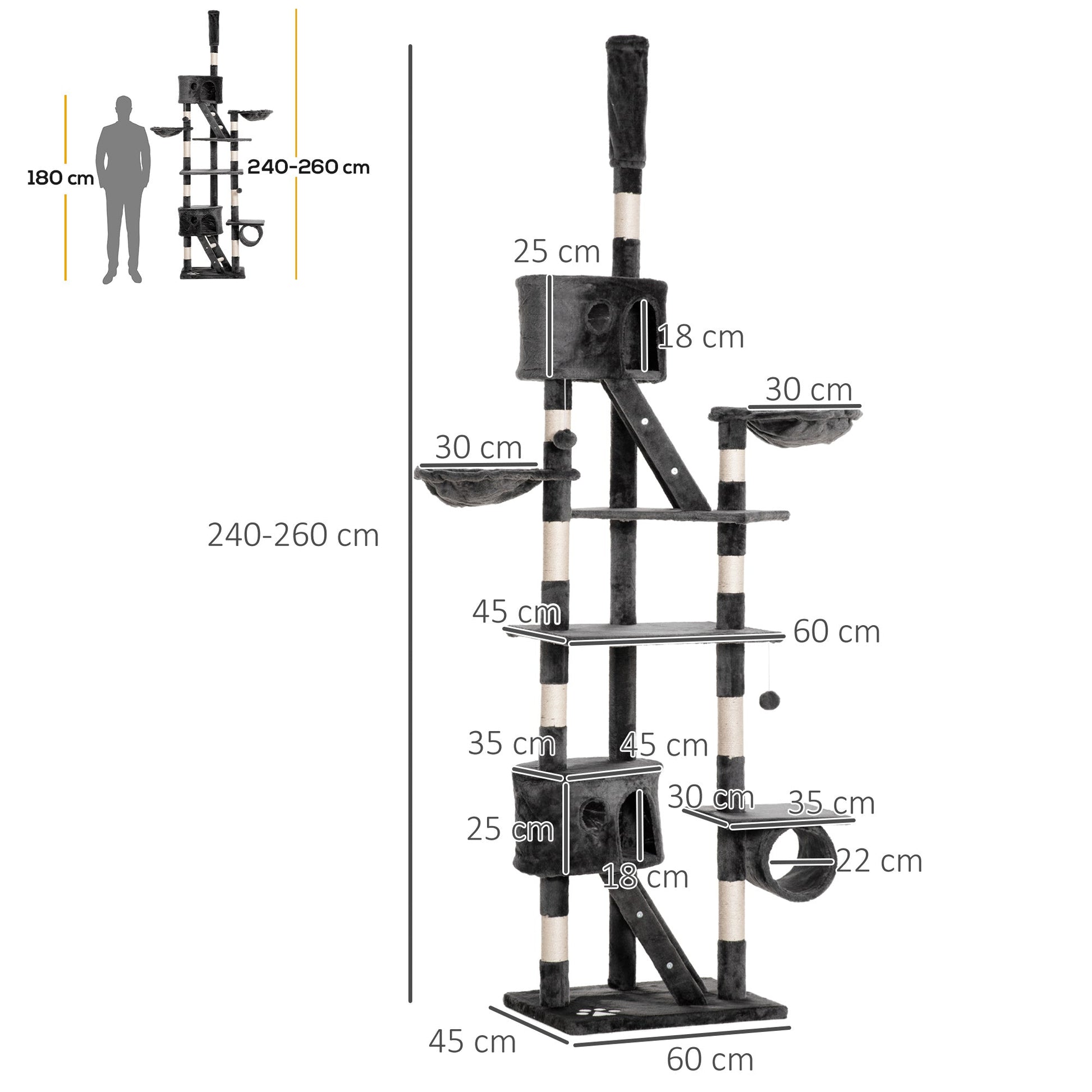 Floor to Ceiling Cat Tree, 240-260cm Adjustable Height Kitten Tower with Scratching Posts, Cat Houses, Ramps, Hammocks, Toy Balls, Tunnel for Indoor Use - Dark Grey