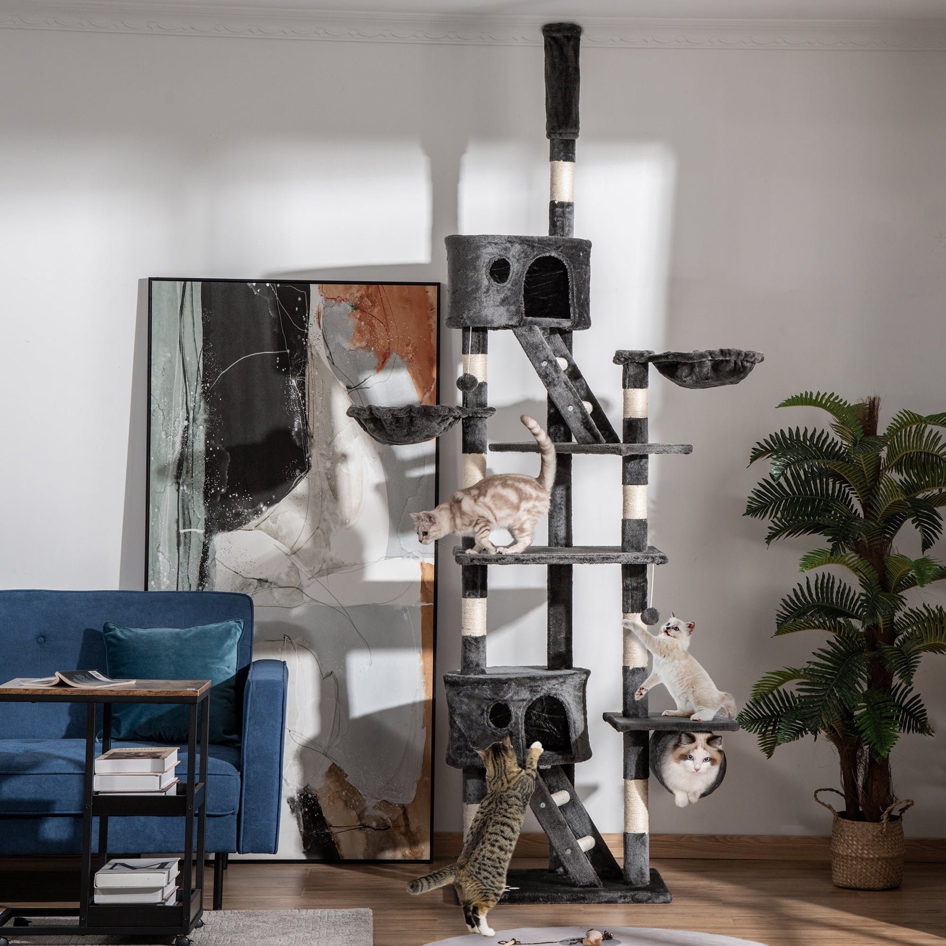 Floor to Ceiling Cat Tree, 240-260cm Adjustable Height Kitten Tower with Scratching Posts, Cat Houses, Ramps, Hammocks, Toy Balls, Tunnel for Indoor Use - Dark Grey