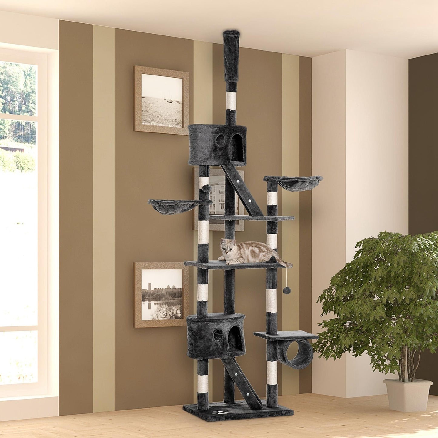 Floor to Ceiling Cat Tree, 240-260cm Adjustable Height Kitten Tower with Scratching Posts, Cat Houses, Ramps, Hammocks, Toy Balls, Tunnel for Indoor Use - Dark Grey