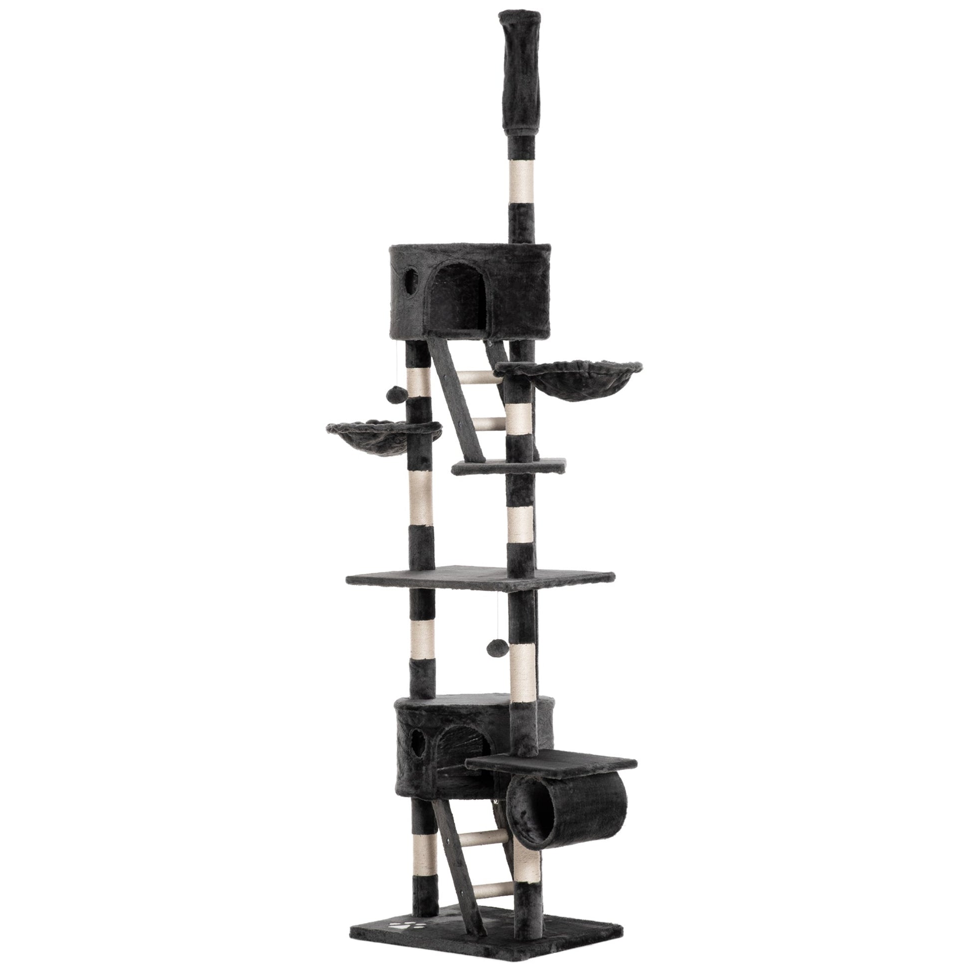 Floor to Ceiling Cat Tree, 240-260cm Adjustable Height Kitten Tower with Scratching Posts, Cat Houses, Ramps, Hammocks, Toy Balls, Tunnel for Indoor Use - Dark Grey