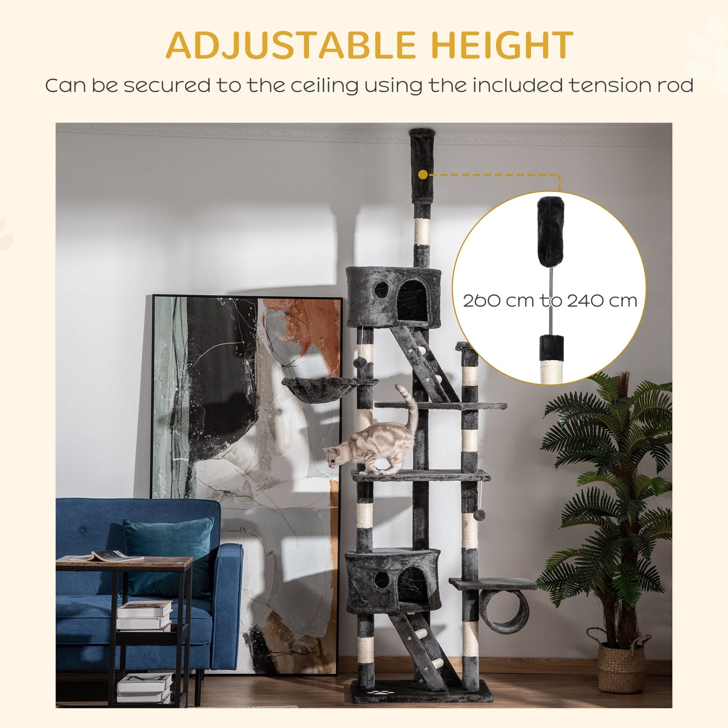 Floor to Ceiling Cat Tree, 240-260cm Adjustable Height Kitten Tower with Scratching Posts, Cat Houses, Ramps, Hammocks, Toy Balls, Tunnel for Indoor Use - Dark Grey