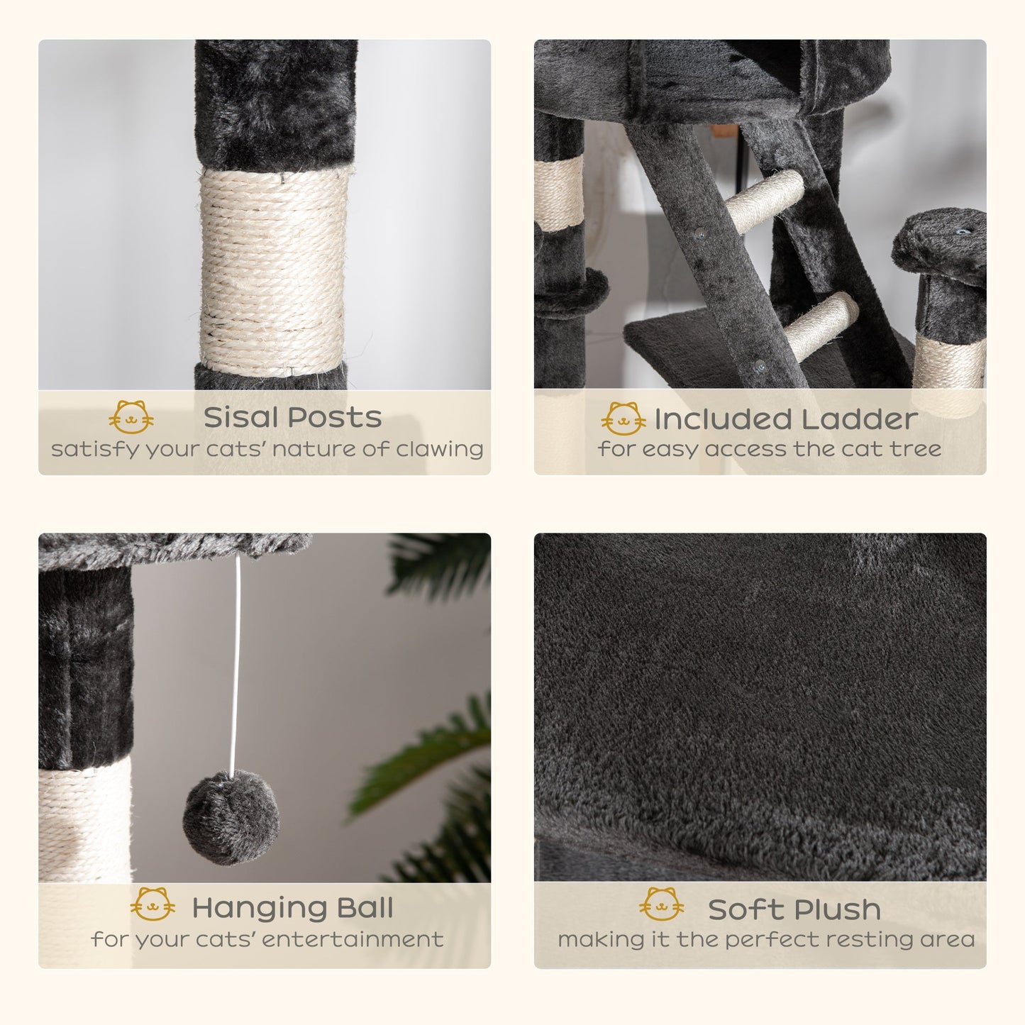 Floor to Ceiling Cat Tree, 240-260cm Adjustable Height Kitten Tower with Scratching Posts, Cat Houses, Ramps, Hammocks, Toy Balls, Tunnel for Indoor Use - Dark Grey