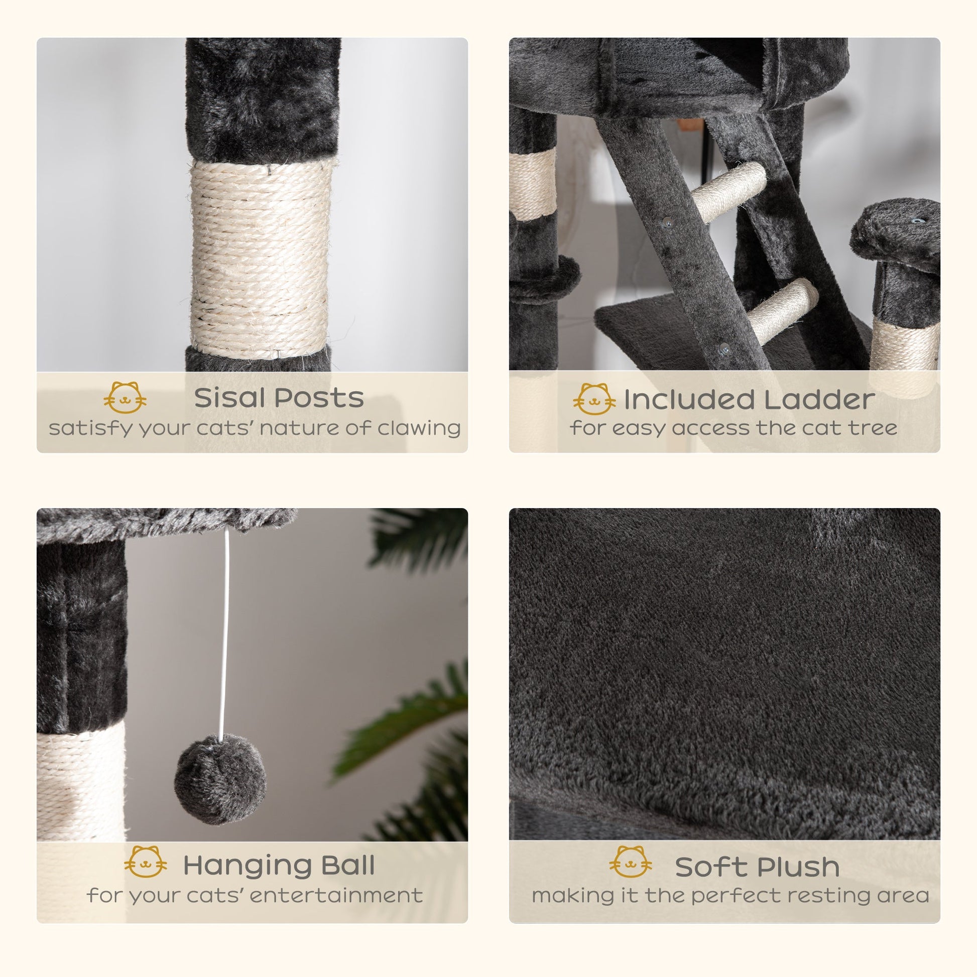 Floor to Ceiling Cat Tree, 240-260cm Adjustable Height Kitten Tower with Scratching Posts, Cat Houses, Ramps, Hammocks, Toy Balls, Tunnel for Indoor Use - Dark Grey