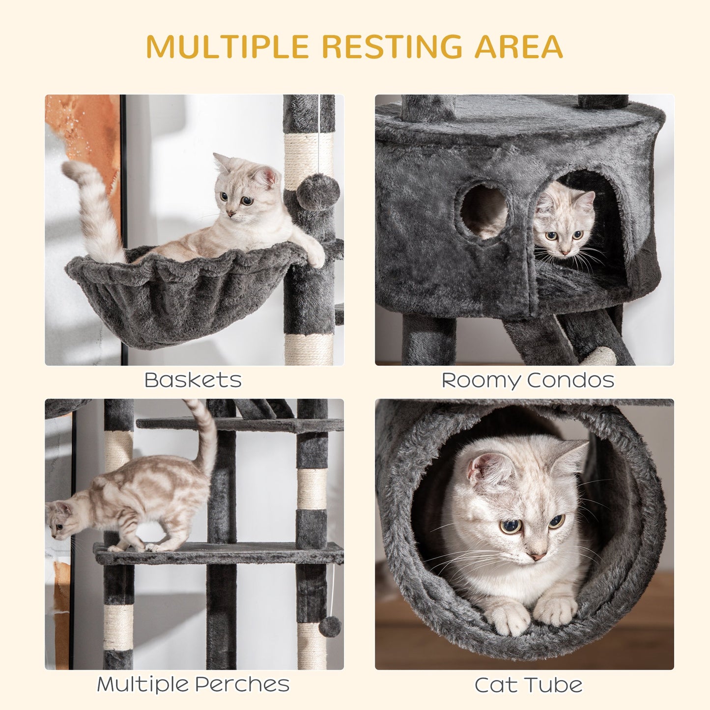 Floor to Ceiling Cat Tree, 240-260cm Adjustable Height Kitten Tower with Scratching Posts, Cat Houses, Ramps, Hammocks, Toy Balls, Tunnel for Indoor Use - Dark Grey
