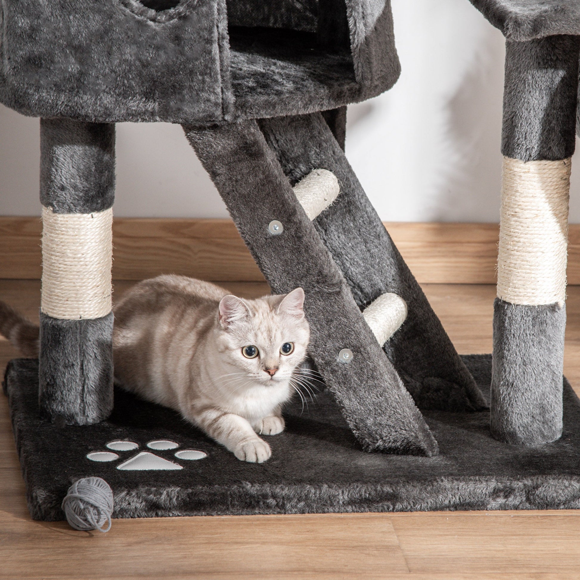 Floor to Ceiling Cat Tree, 240-260cm Adjustable Height Kitten Tower with Scratching Posts, Cat Houses, Ramps, Hammocks, Toy Balls, Tunnel for Indoor Use - Dark Grey