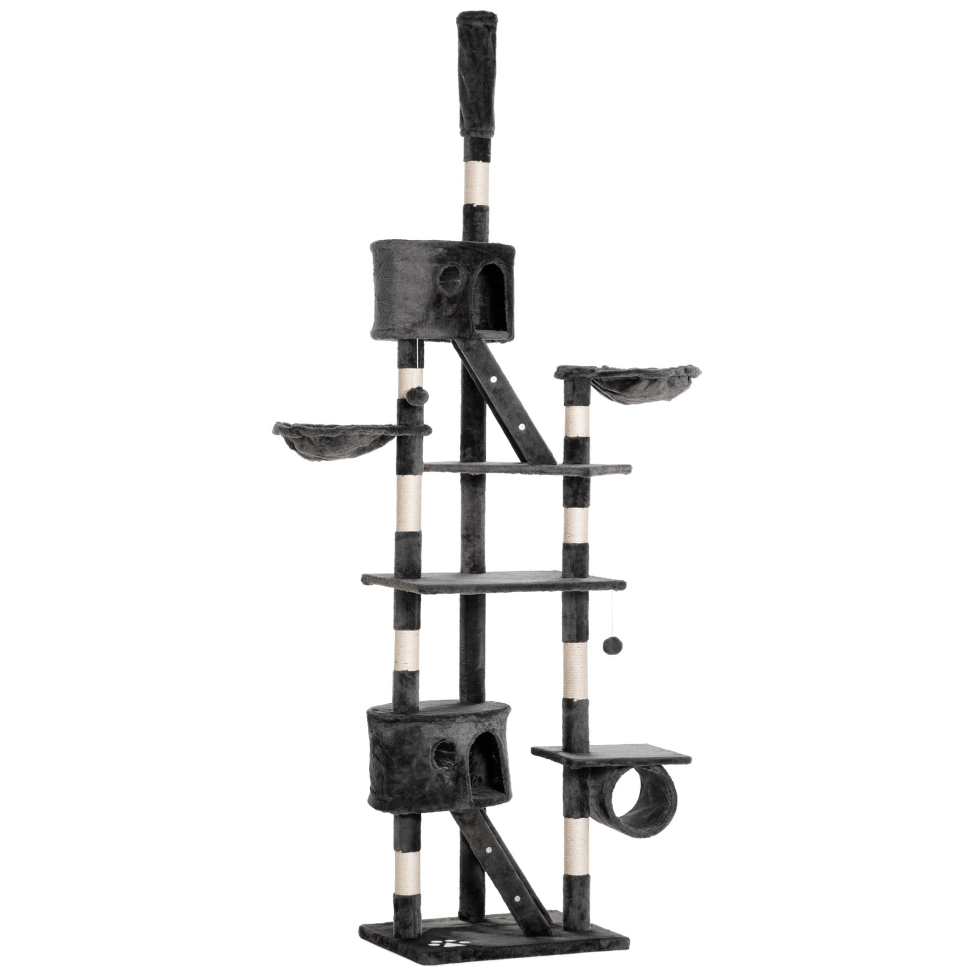Floor to Ceiling Cat Tree, 240-260cm Adjustable Height Kitten Tower with Scratching Posts, Cat Houses, Ramps, Hammocks, Toy Balls, Tunnel for Indoor Use - Dark Grey