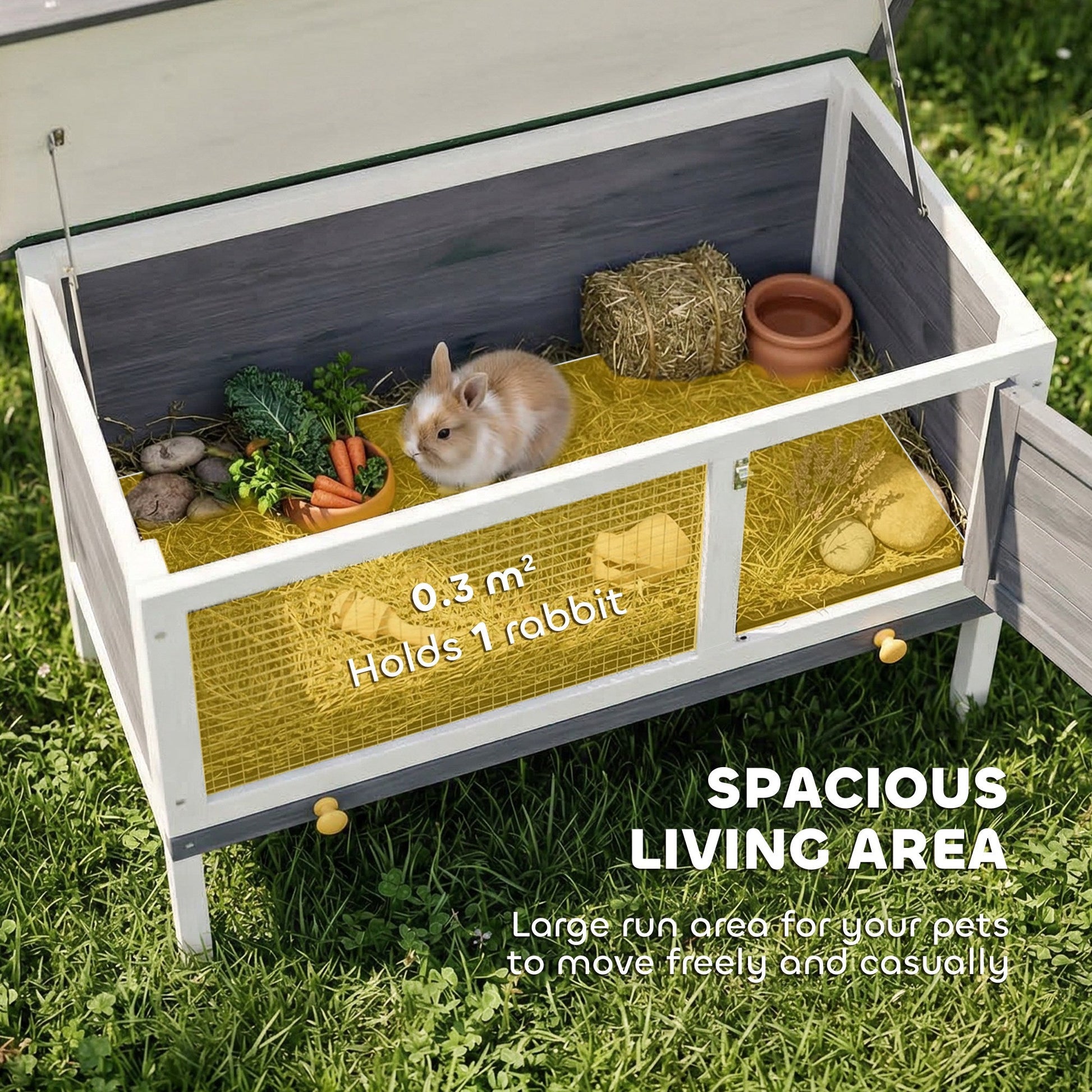 Wooden Rabbit Hutch, Guinea Pig Hutch with Openable Asphalt Roof and Pull-Out Tray, Outdoor Elevated Bunny House for Rabbits, Chinchillas and Small Animals, Indoor Outdoor Use, Grey