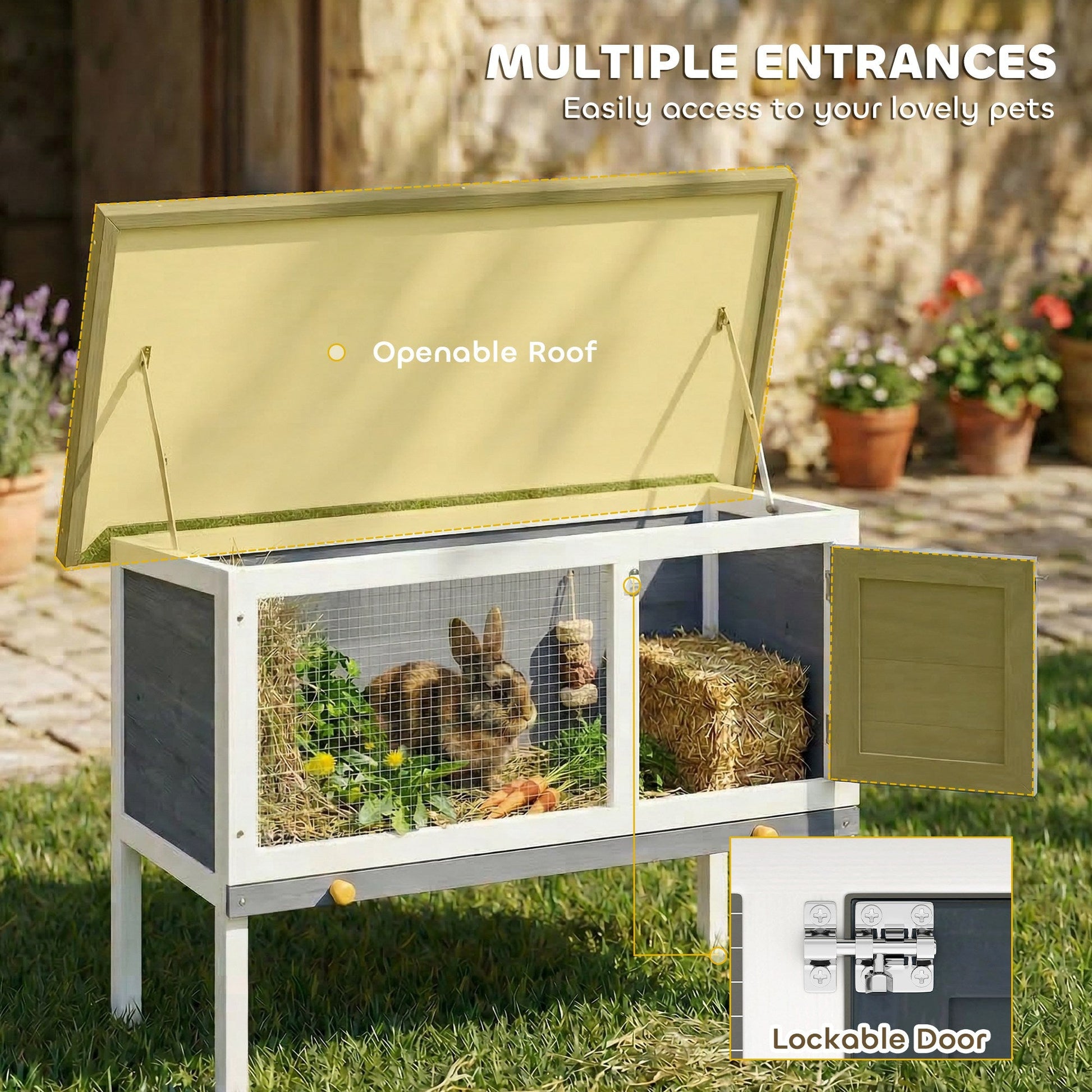 Wooden Rabbit Hutch, Guinea Pig Hutch with Openable Asphalt Roof and Pull-Out Tray, Outdoor Elevated Bunny House for Rabbits, Chinchillas and Small Animals, Indoor Outdoor Use, Grey