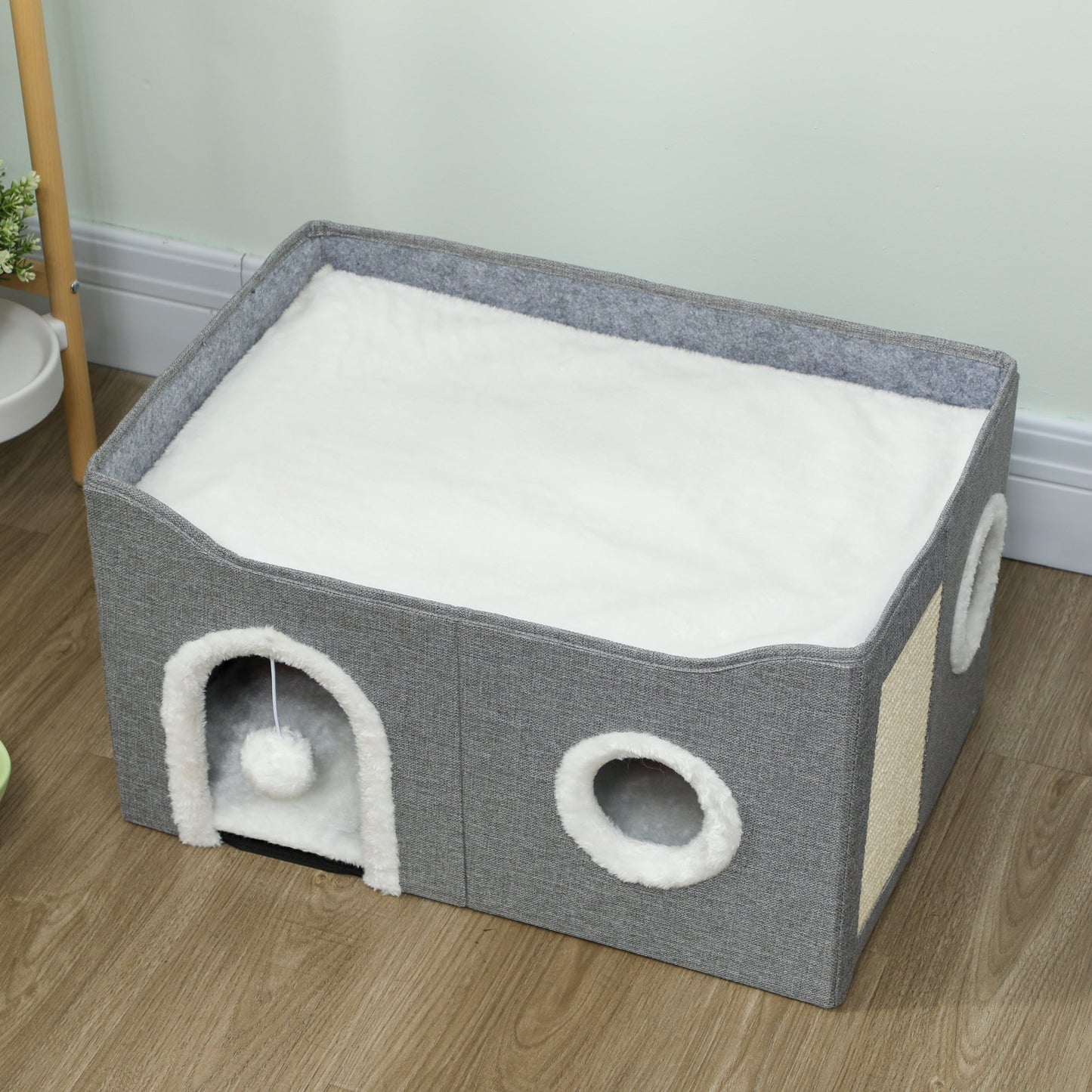 Cat House, Cat Bed for Indoor Pets, Foldable Kitten Cave with Fluffy Ball, Scratch Pad, Kitty Hideaway with Soft Cushions for Small, Medium Cats, Grey