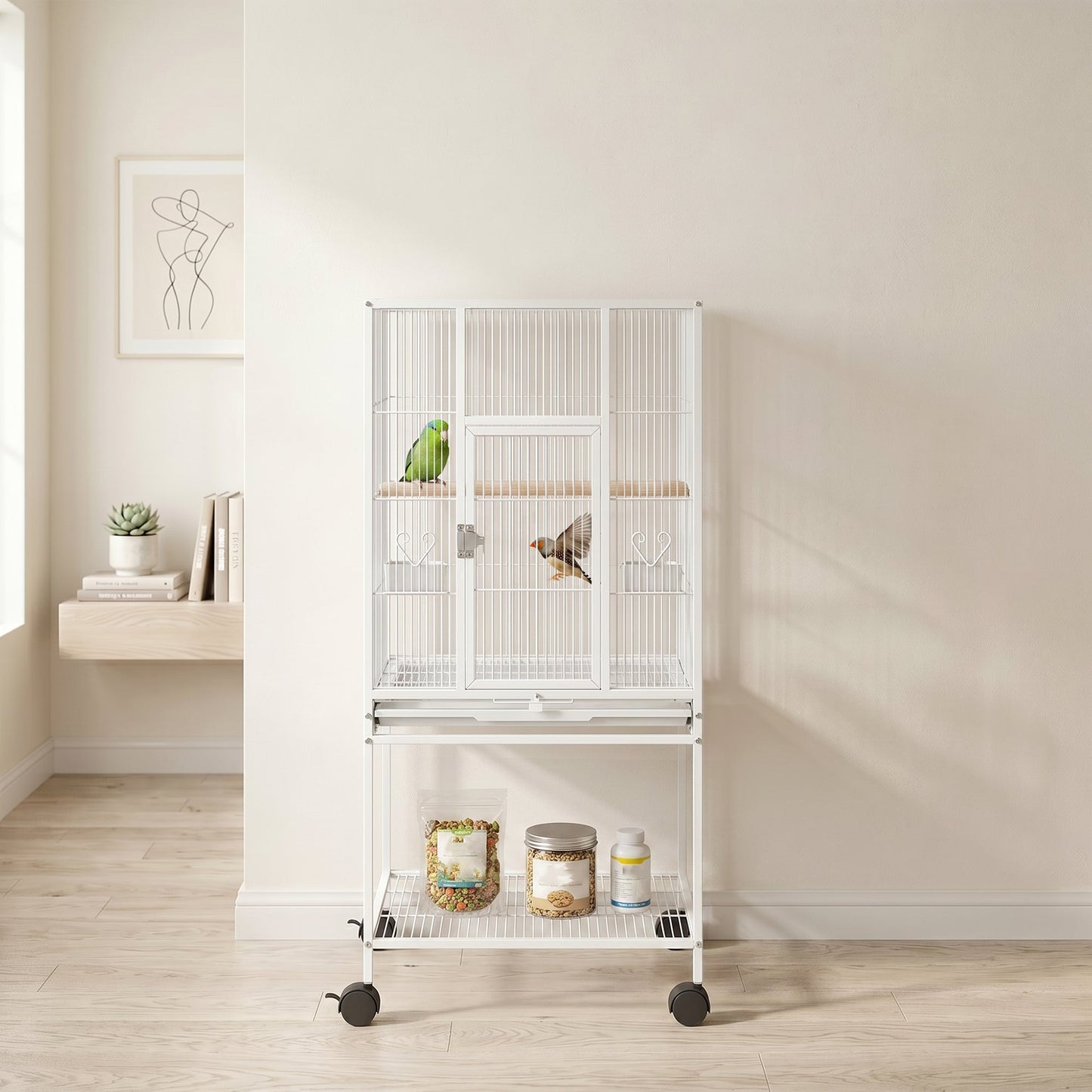 Detachable Bird Cage on Wheels, for Finches, Parakeets, Budgies, Budgie Cage, Parrot Aviary with Accessories, Storage Shelf - White