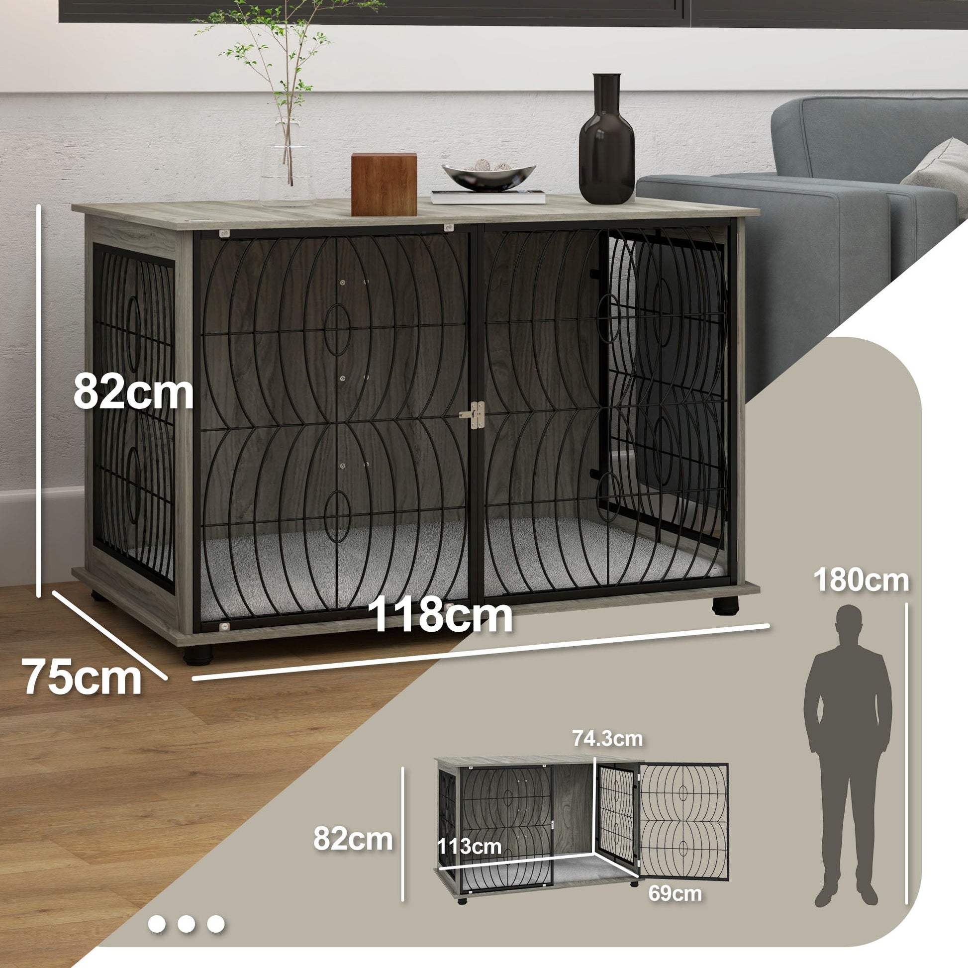 Dog Crate Furniture, Dog Cage End Table with Large Top, Soft Washable Cushion, Lockable Front Door, Wire Mesh Ventilation, Indoor Pet Crate for Extra Large Sized, 118 x 75 x 82cm - Grey