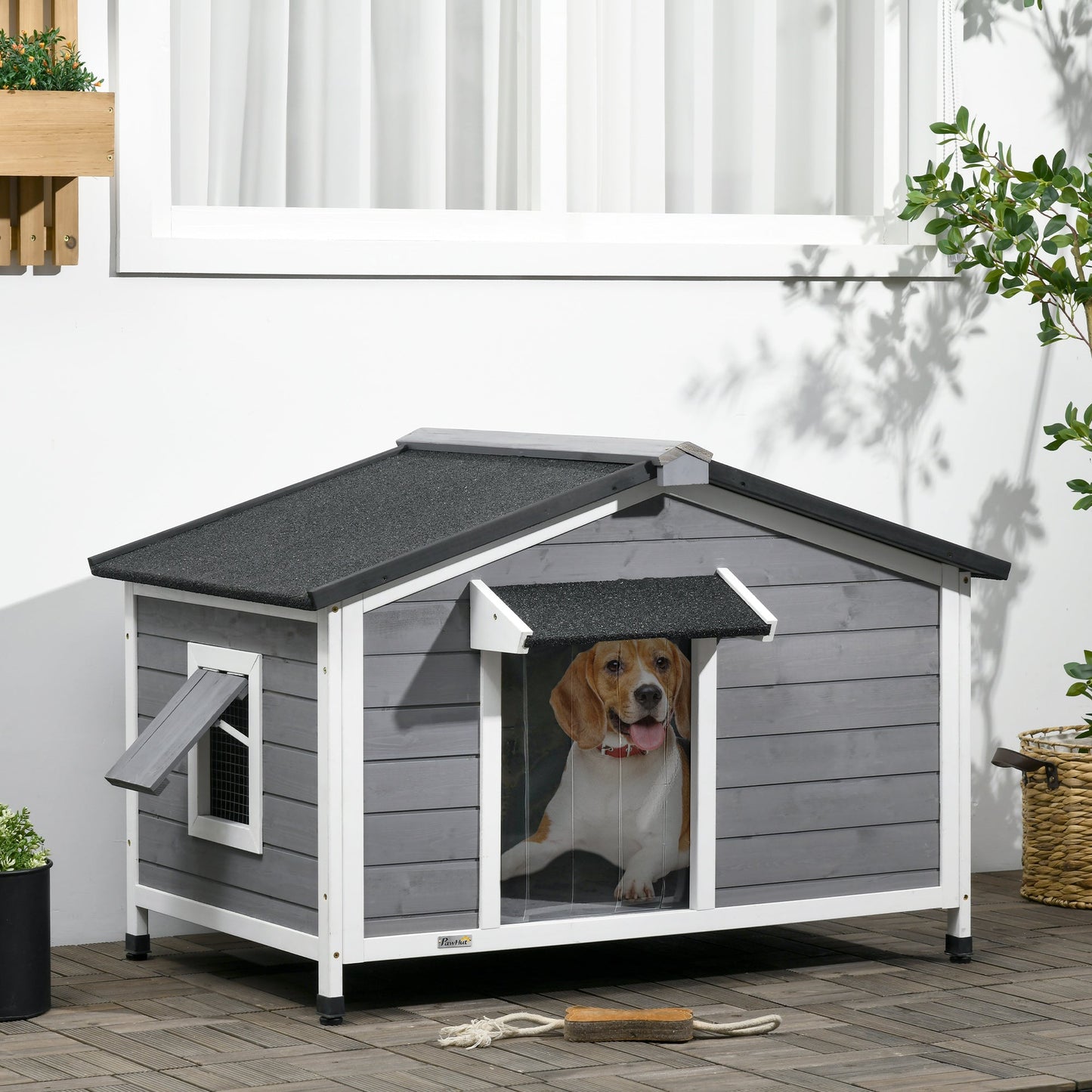 Wooden Dog Kennel Outdoor, Elevated Dog House for Outside, with Openable Top, Asphalt Roof, Windows, Curtain, Removable Tray, Adjustable Legs, 72H x 109L x 79Wcm, Grey