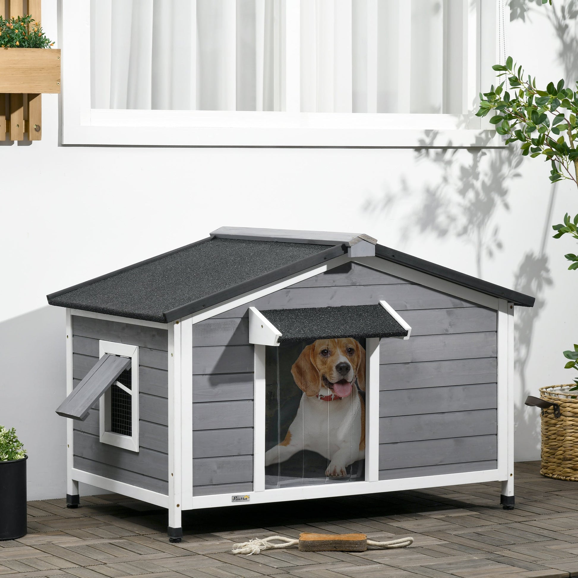 Wooden Dog Kennel Outdoor, Elevated Dog House for Outside, with Openable Top, Asphalt Roof, Windows, Curtain, Removable Tray, Adjustable Legs, 72H x 109L x 79Wcm, Grey