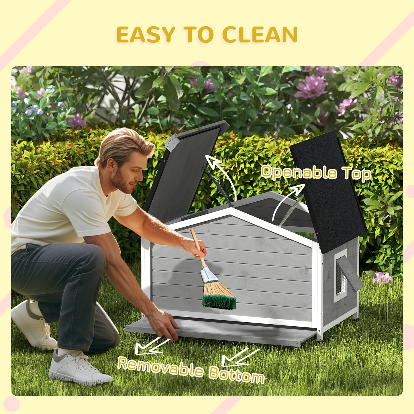 Wooden Dog Kennel Outdoor, Elevated Dog House for Outside, with Openable Top, Asphalt Roof, Windows, Curtain, Removable Tray, Adjustable Legs, 72H x 109L x 79Wcm, Grey