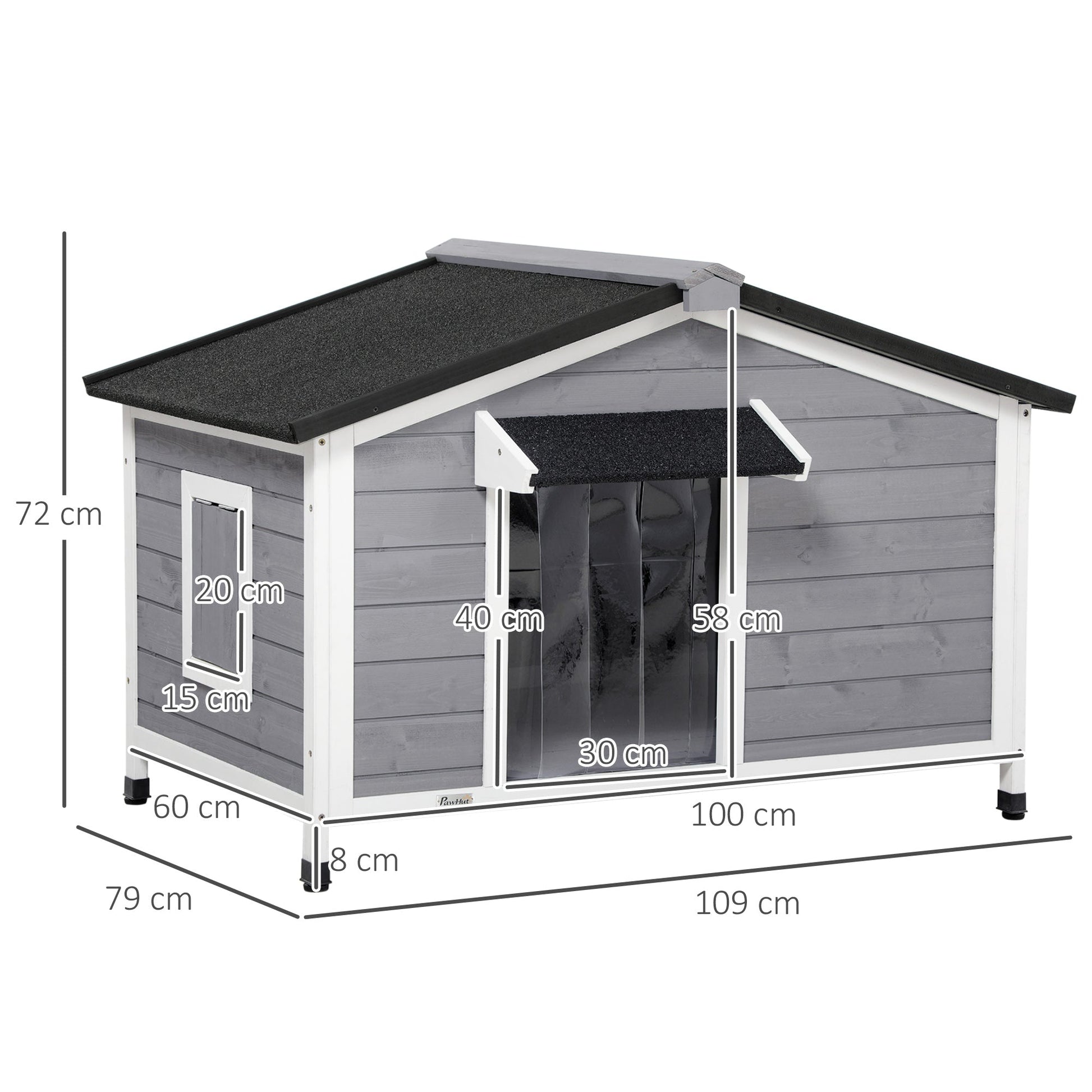 Wooden Dog Kennel Outdoor, Elevated Dog House for Outside, with Openable Top, Asphalt Roof, Windows, Curtain, Removable Tray, Adjustable Legs, 72H x 109L x 79Wcm, Grey