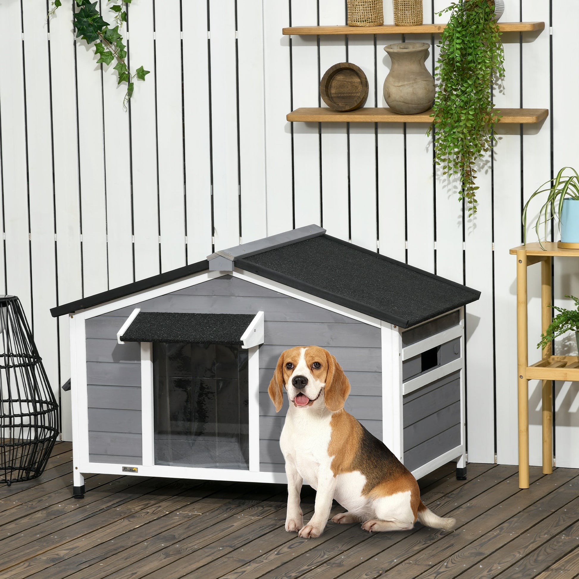 Wooden Dog Kennel Outdoor, Elevated Dog House for Outside, with Openable Top, Asphalt Roof, Windows, Curtain, Removable Tray, Adjustable Legs, 72H x 109L x 79Wcm, Grey
